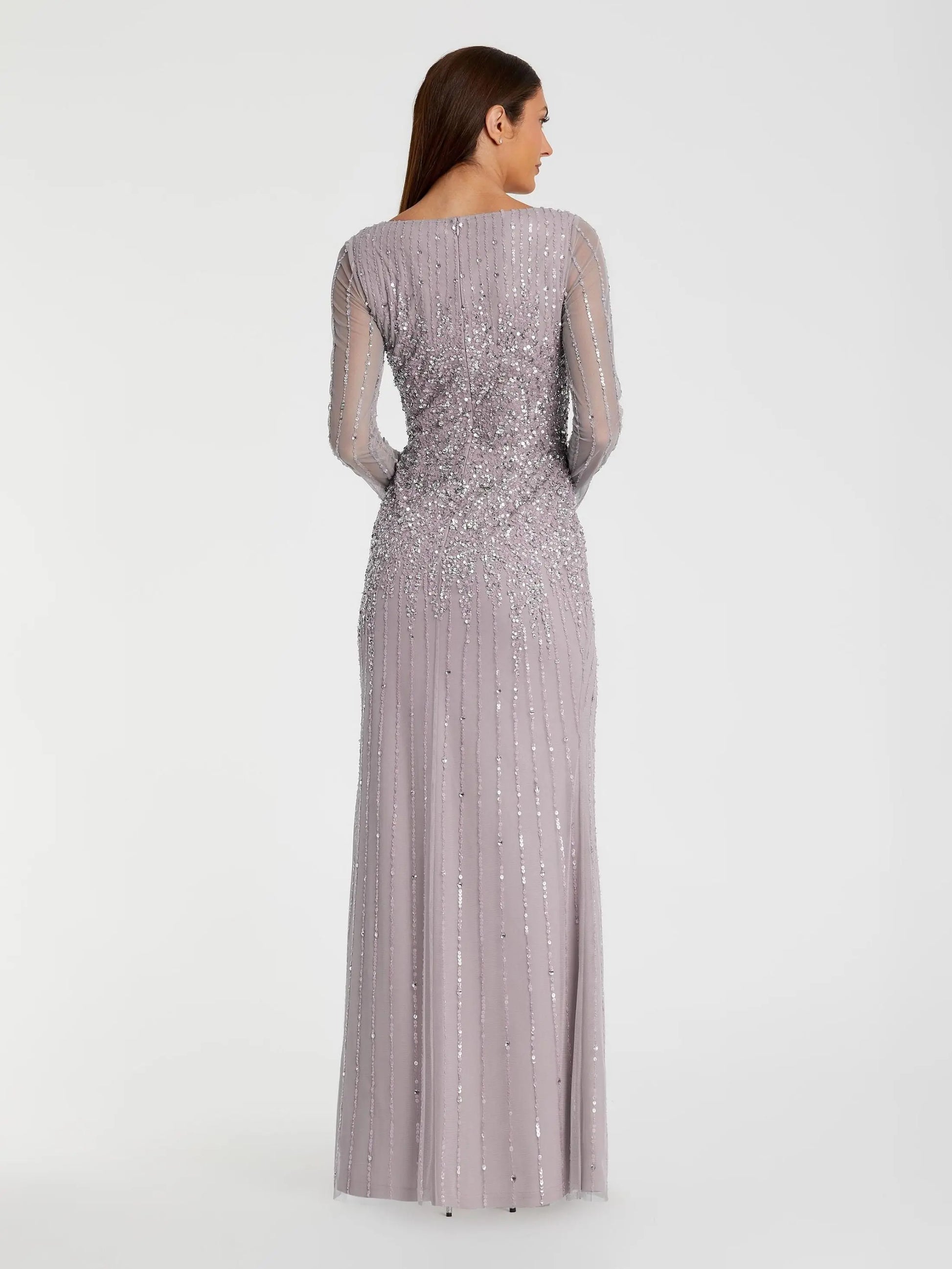 Purple Boat Neck Sequin Embellished Long Sleeve A Line Gown | Mac Duggal Purple Boat Neck Sequin Embellished Long Sleeve A Line Gown | Mac Duggal