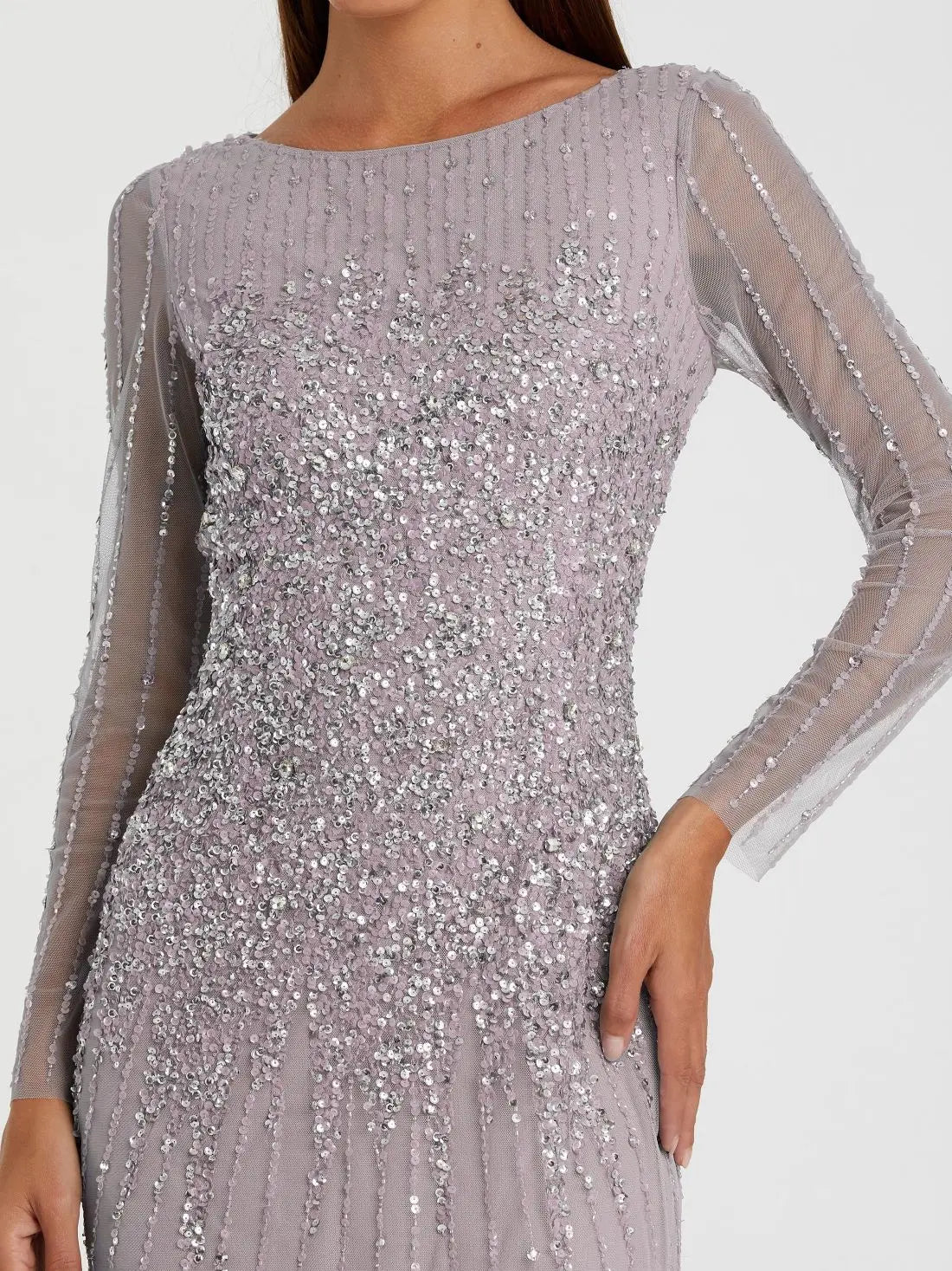 Purple Boat Neck Sequin Embellished Long Sleeve A Line Gown | Mac Duggal Purple Boat Neck Sequin Embellished Long Sleeve A Line Gown | Mac Duggal