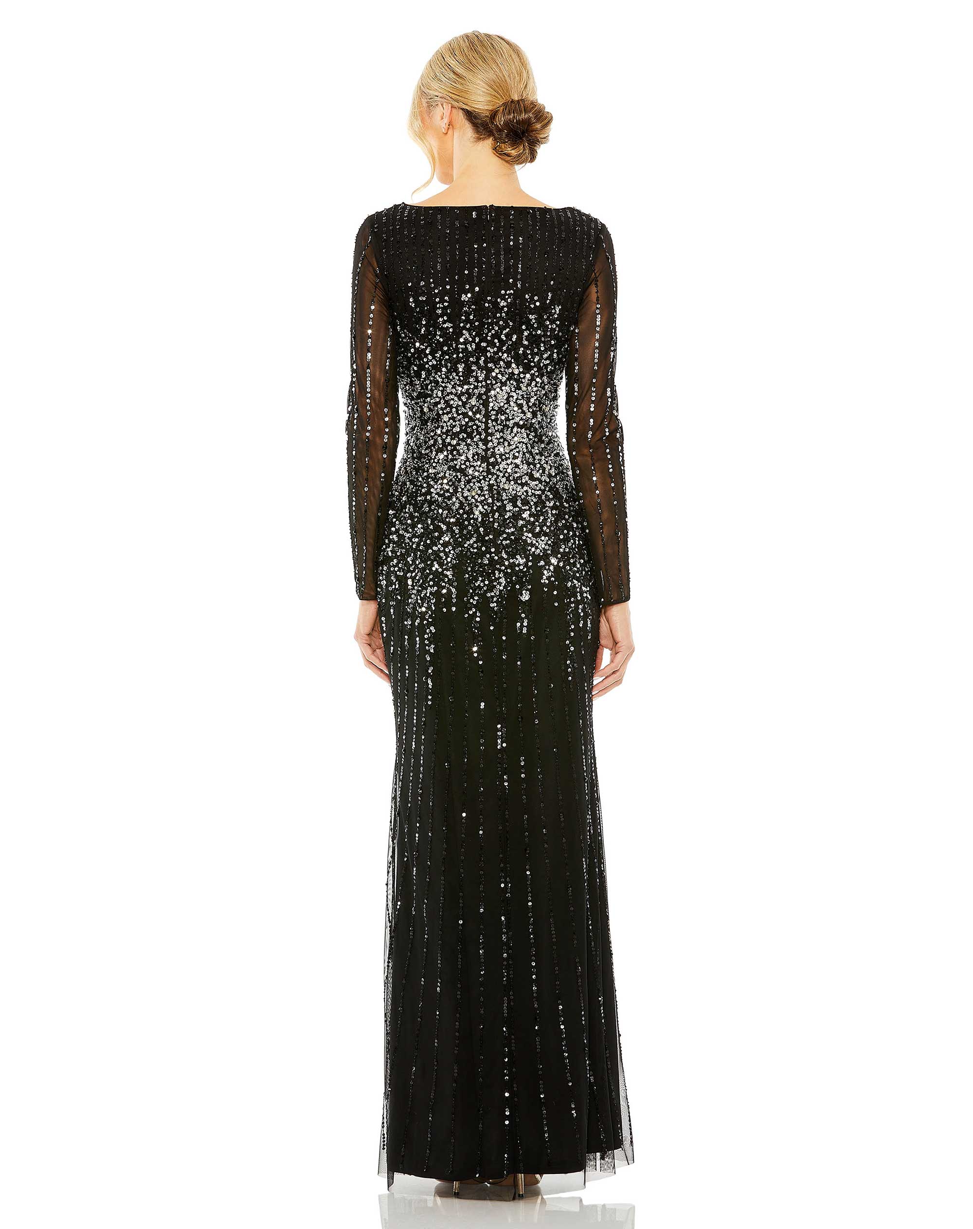 High Neck Sequin Embellished Long Sleeve A Line Gown