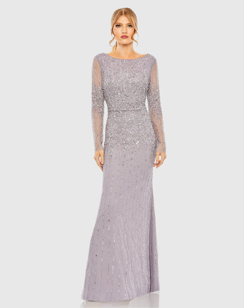 High Neck Sequin Embellished Long Sleeve A Line Gown