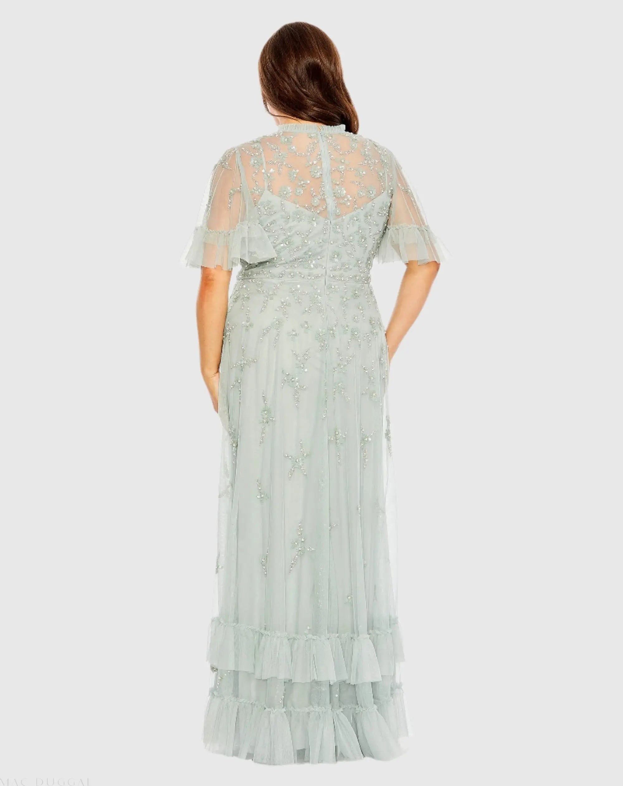 fitted lace wedding dress Mac Duggal Embellished Flutter Sleeve Ruffle Tiered Gown
