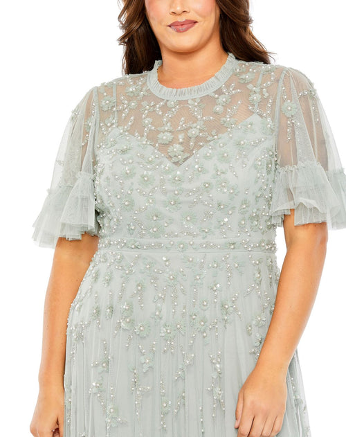 Embellished Flutter Sleeve Ruffle Tiered Gown