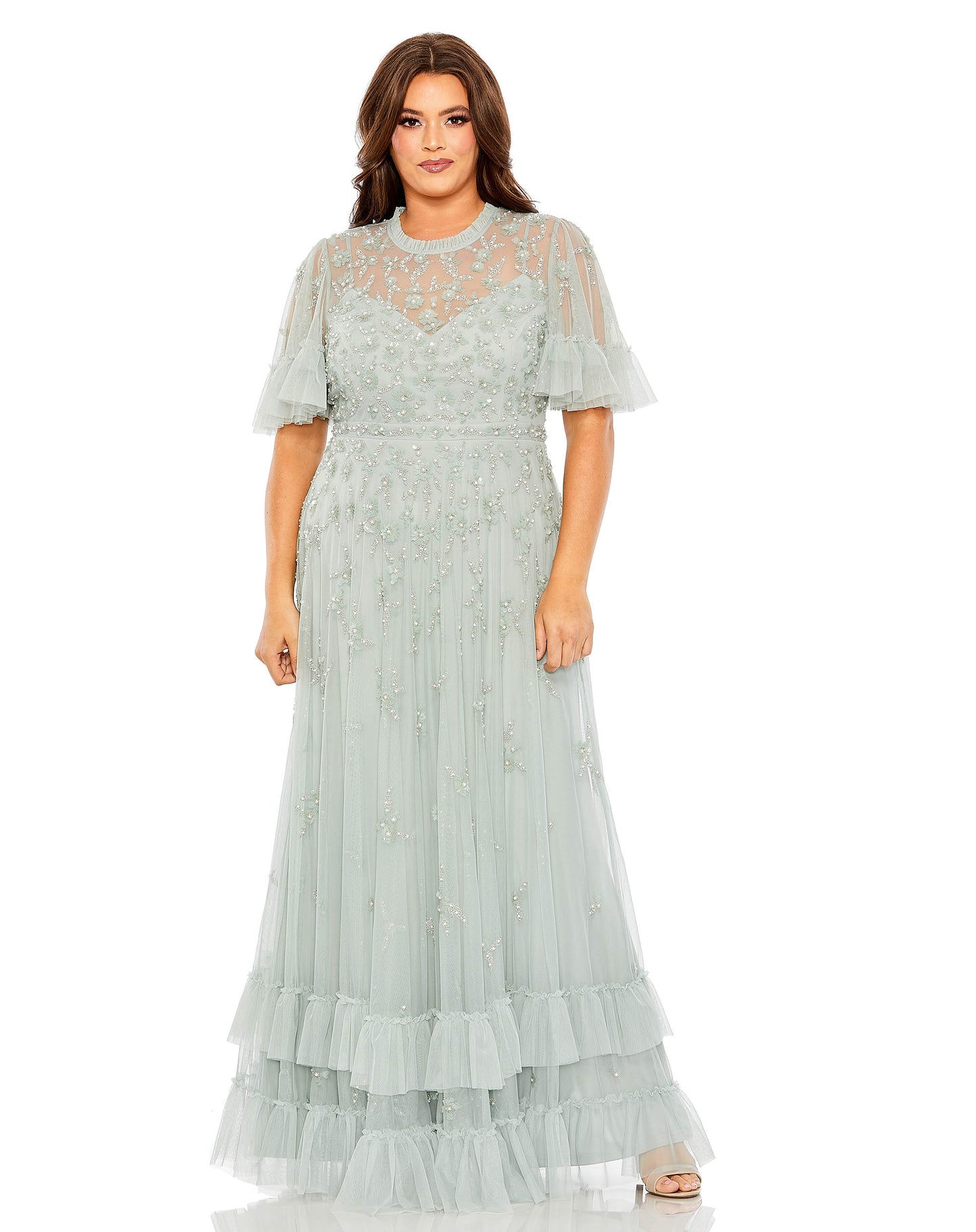 Embellished Flutter Sleeve Ruffle Tiered Gown