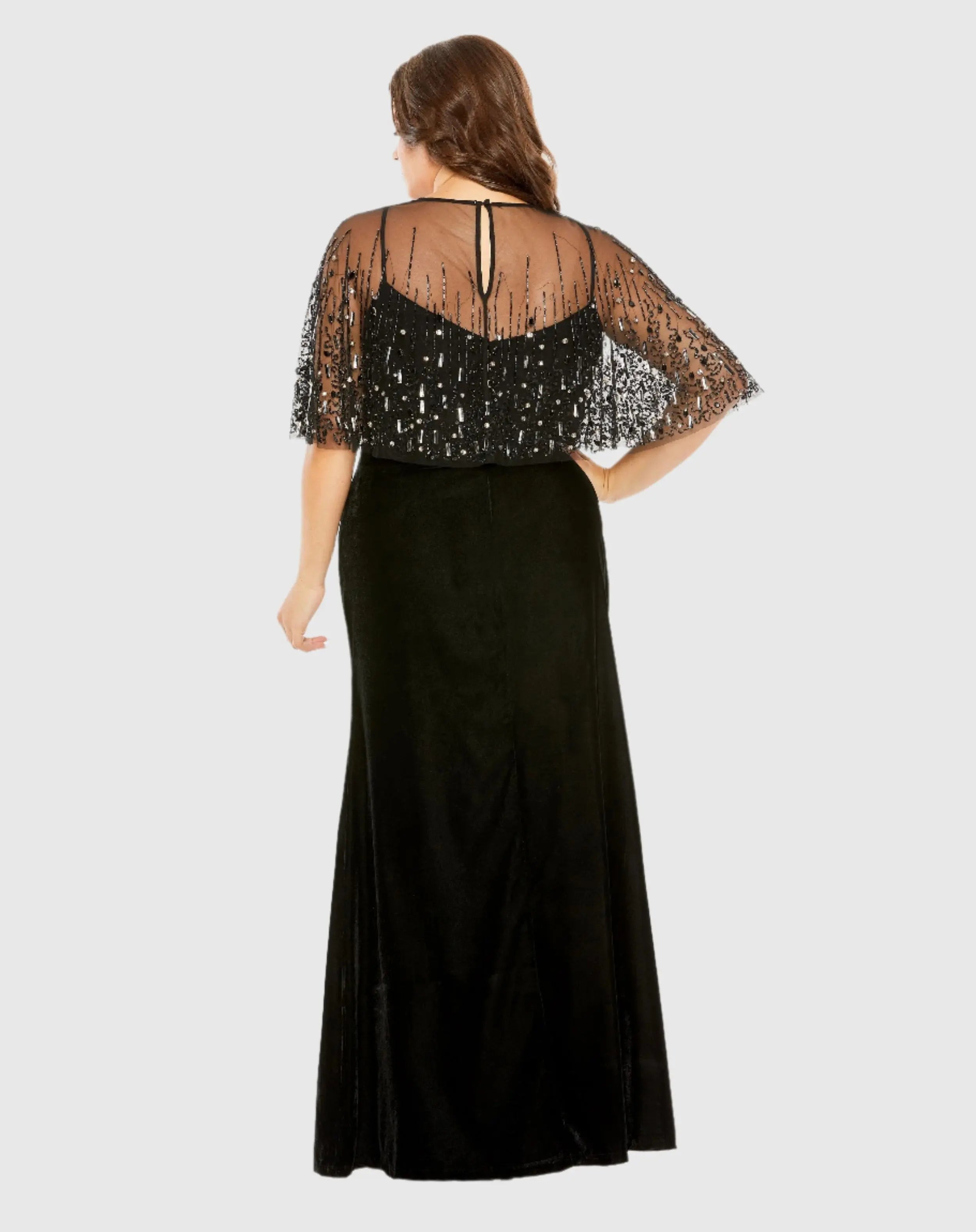 Black Velvet Trumpet Gown With Embellished Cape (Plus) - Mac Duggal