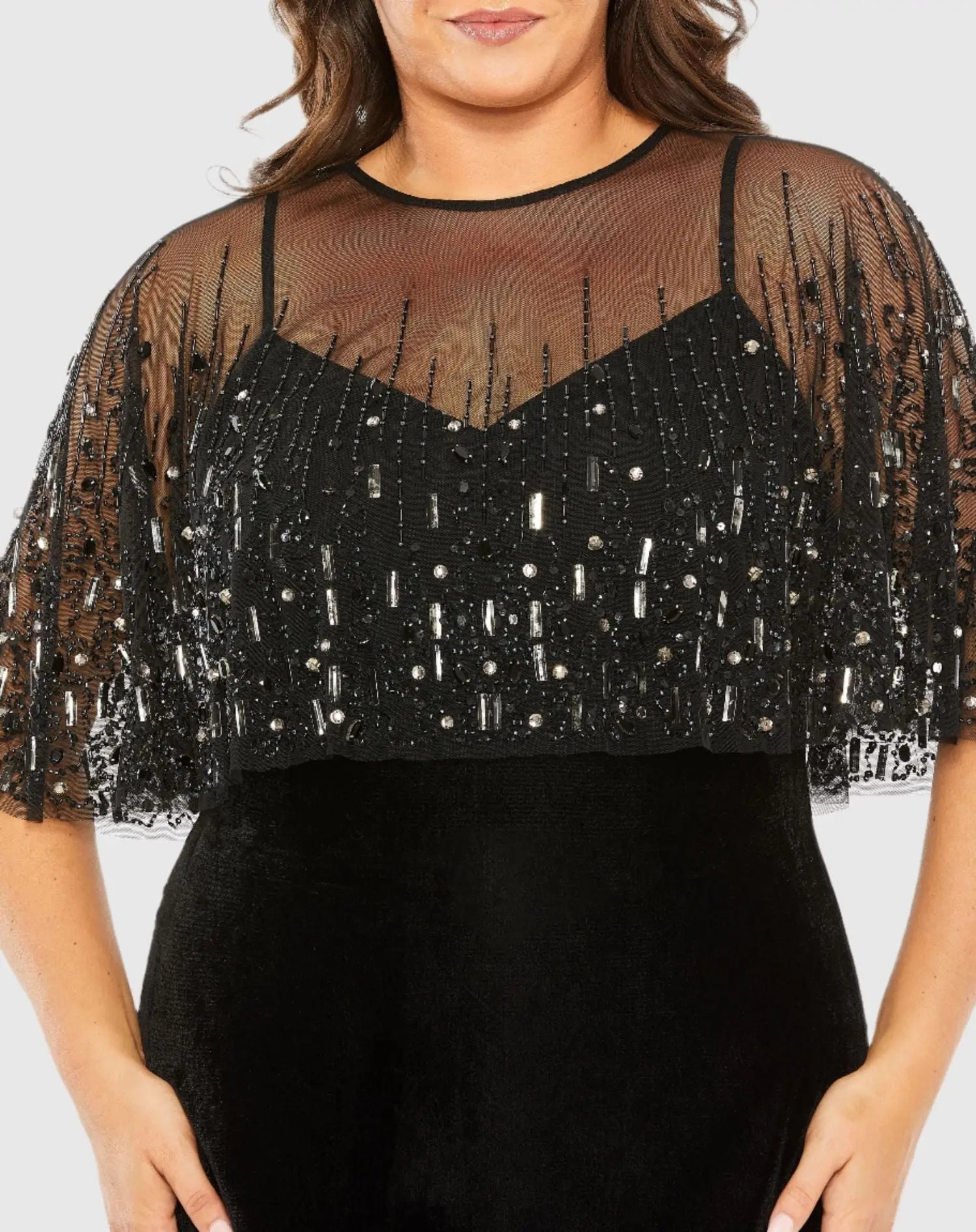 Black Velvet Trumpet Gown With Embellished Cape (Plus) - Mac Duggal