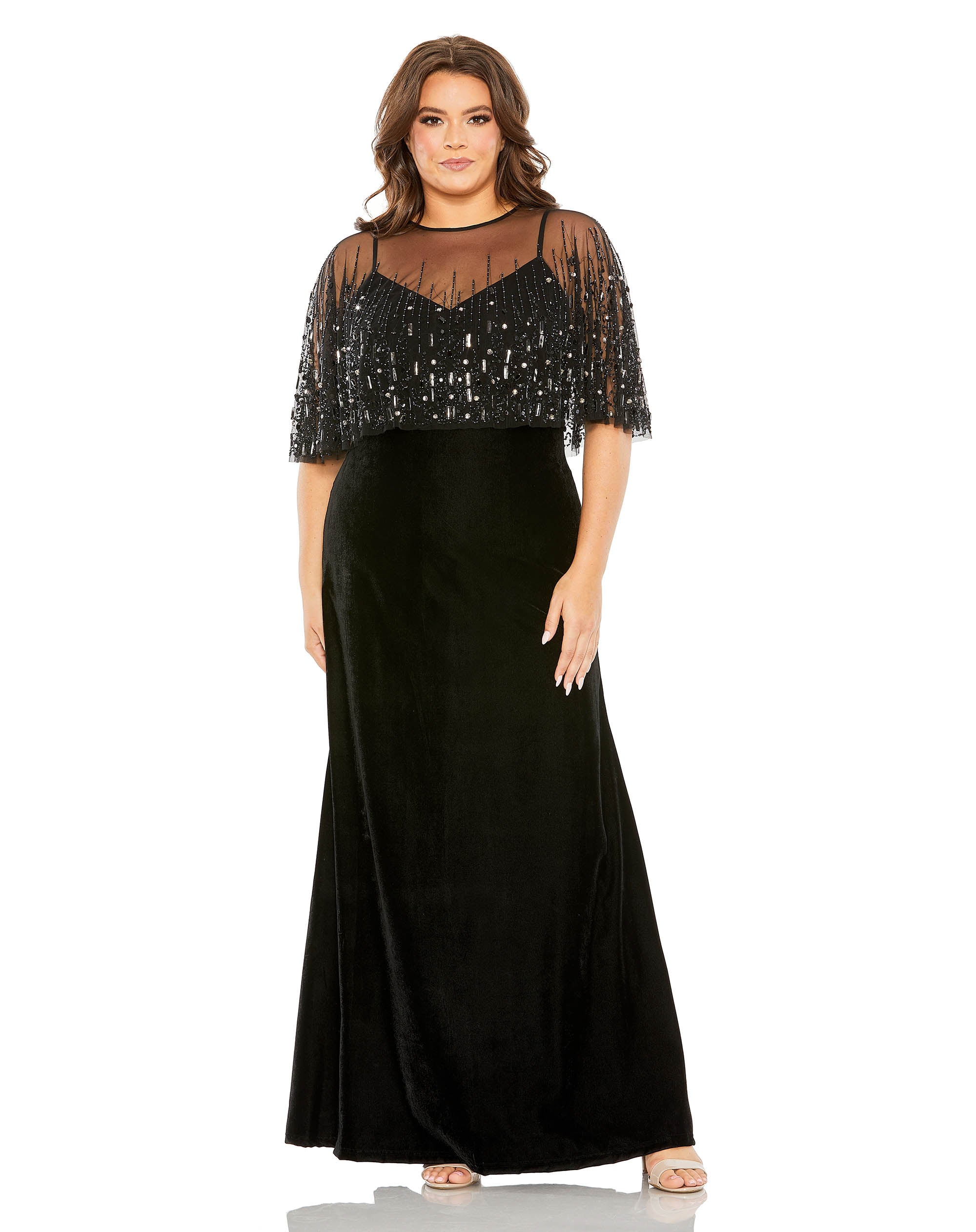Sleeveless Velvet Gown With Embellished Cape