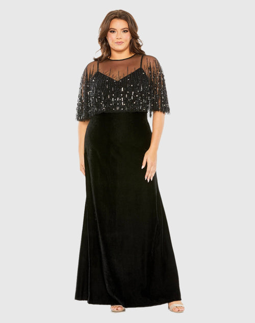 Sleeveless Velvet Gown With Embellished Cape