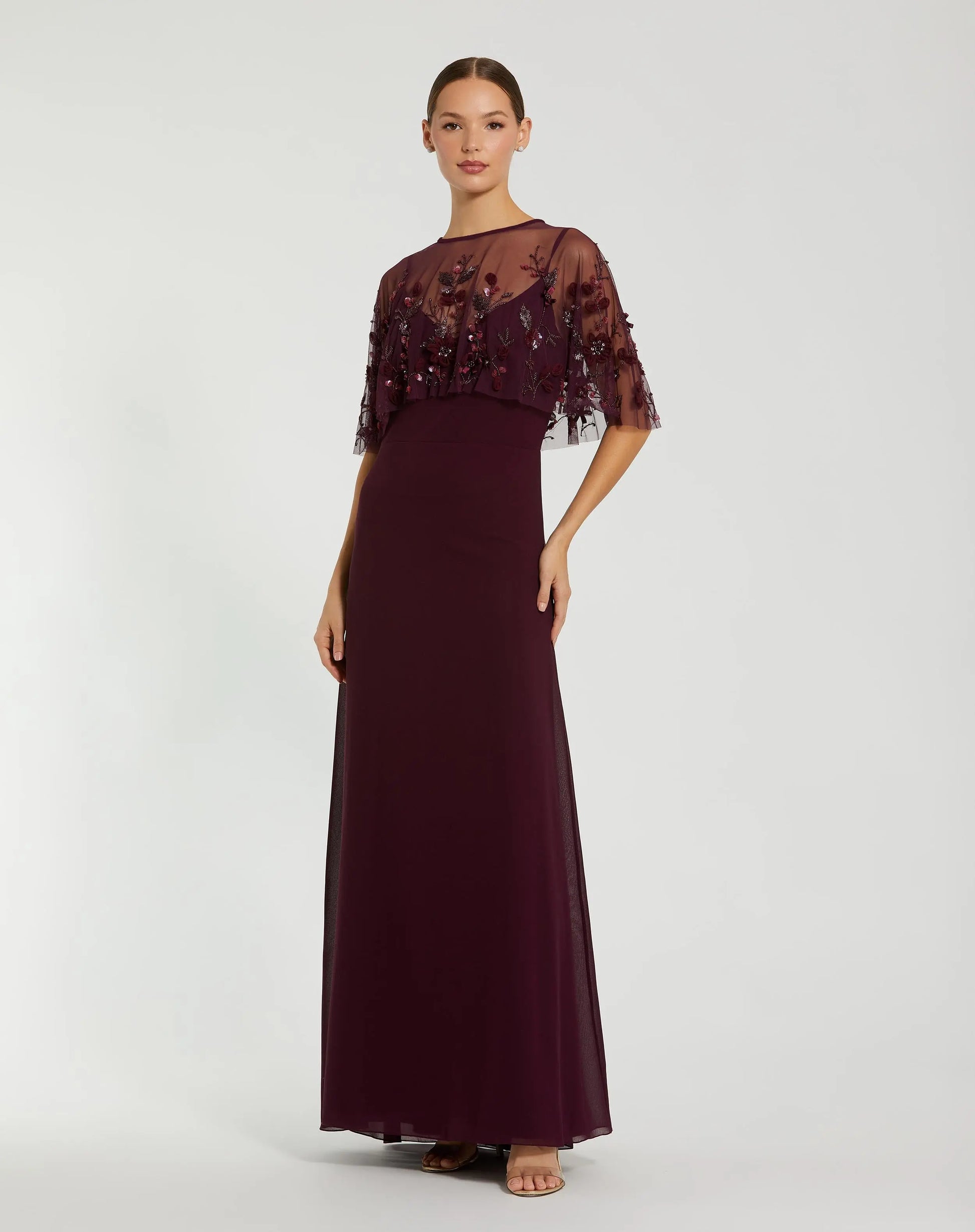 Mac Duggal - Burgundy Sleeveless Gown With Embellished Cape - US 12 Mac Duggal - Burgundy Sleeveless Gown With Embellished Cape - US 12