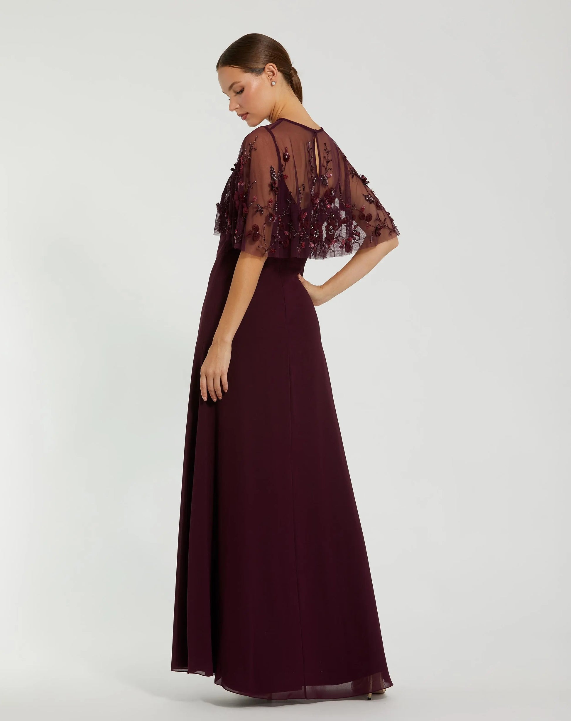 Mac Duggal - Burgundy Sleeveless Gown With Embellished Cape - US 12 Mac Duggal - Burgundy Sleeveless Gown With Embellished Cape - US 12