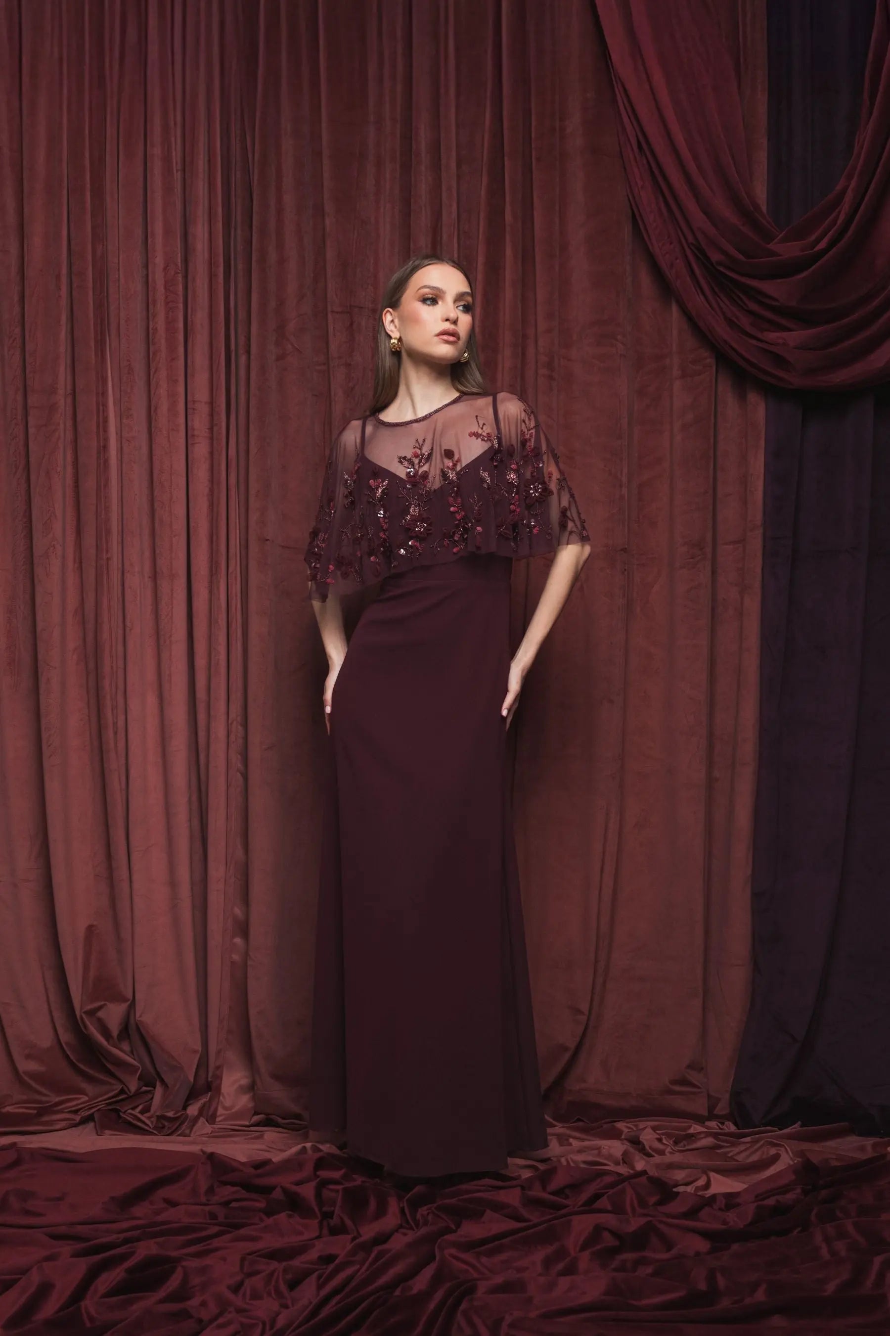 Mac Duggal - Burgundy Sleeveless Gown With Embellished Cape
