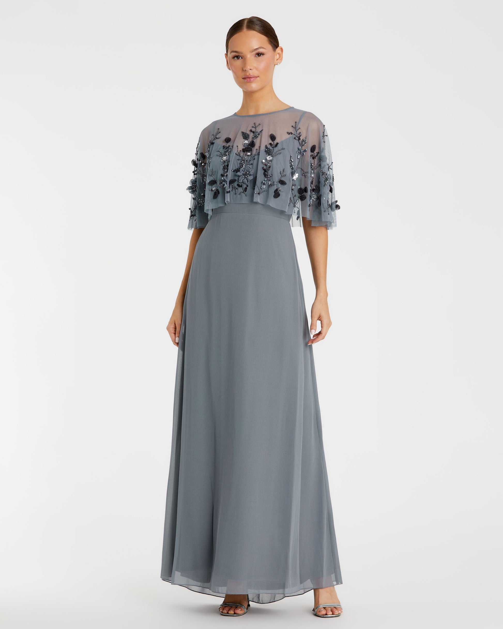 Mac Duggal - Sleeveless Gown With Embellished Cape - Slate Blue Mac Duggal - Sleeveless Gown With Embellished Cape - Slate Blue