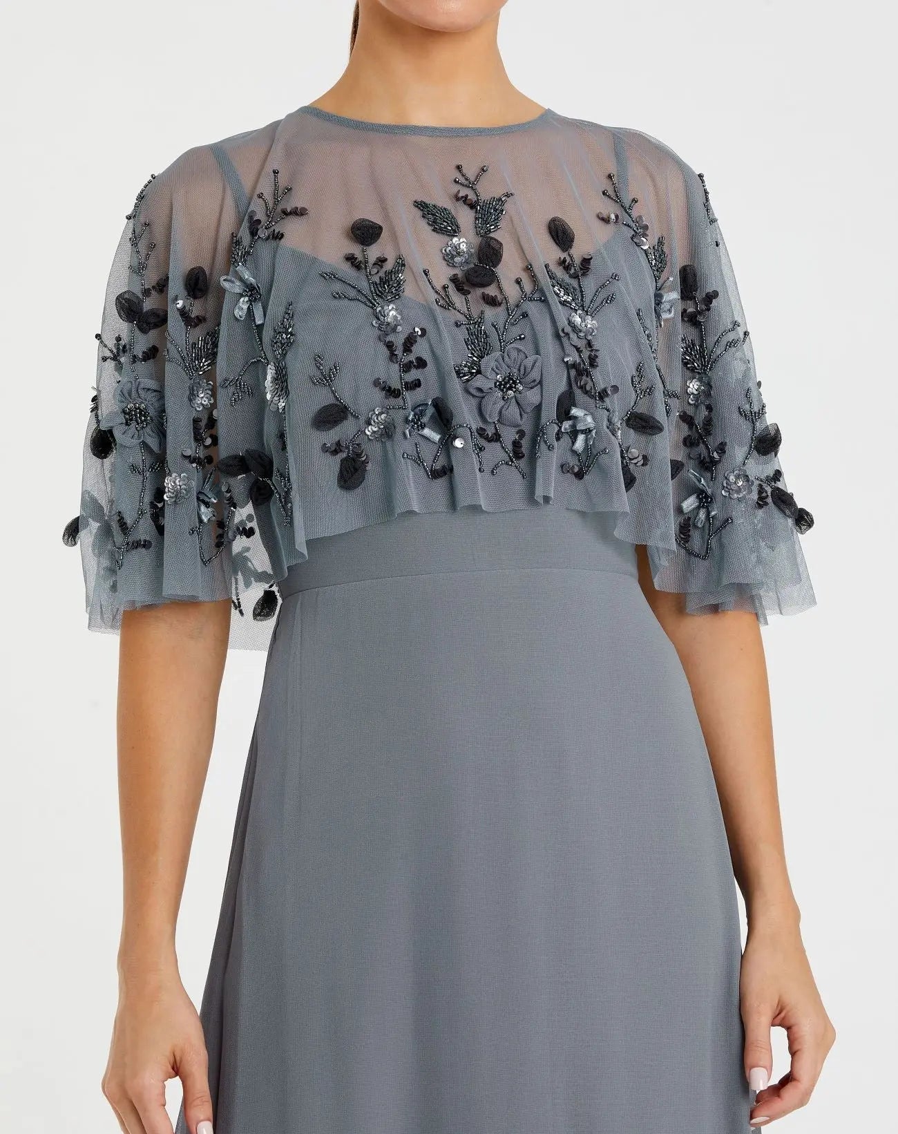 Mac Duggal - Sleeveless Gown With Embellished Cape - Slate Blue Mac Duggal - Sleeveless Gown With Embellished Cape - Slate Blue