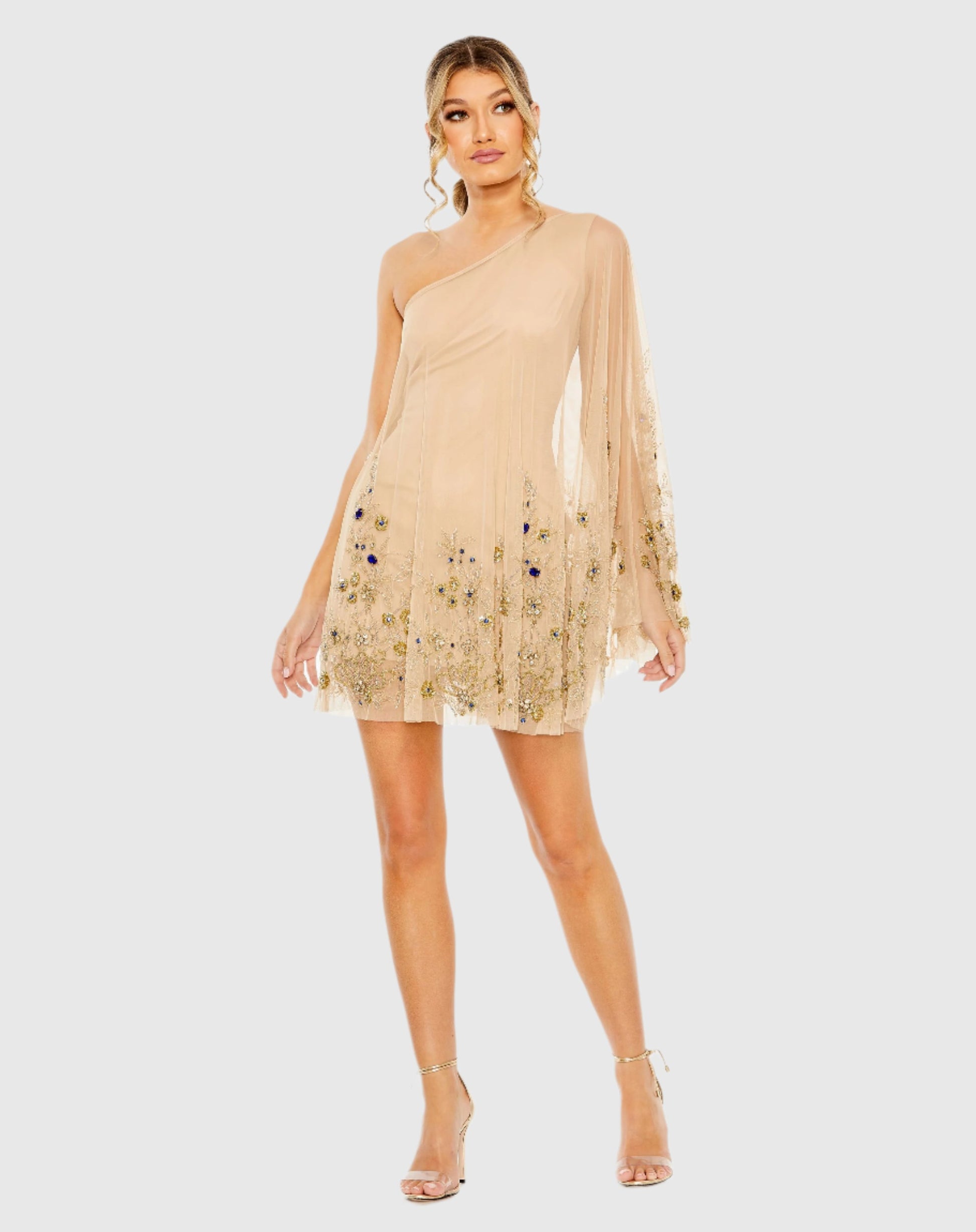 One Shoulder Embellished Trapeze Mini Dress