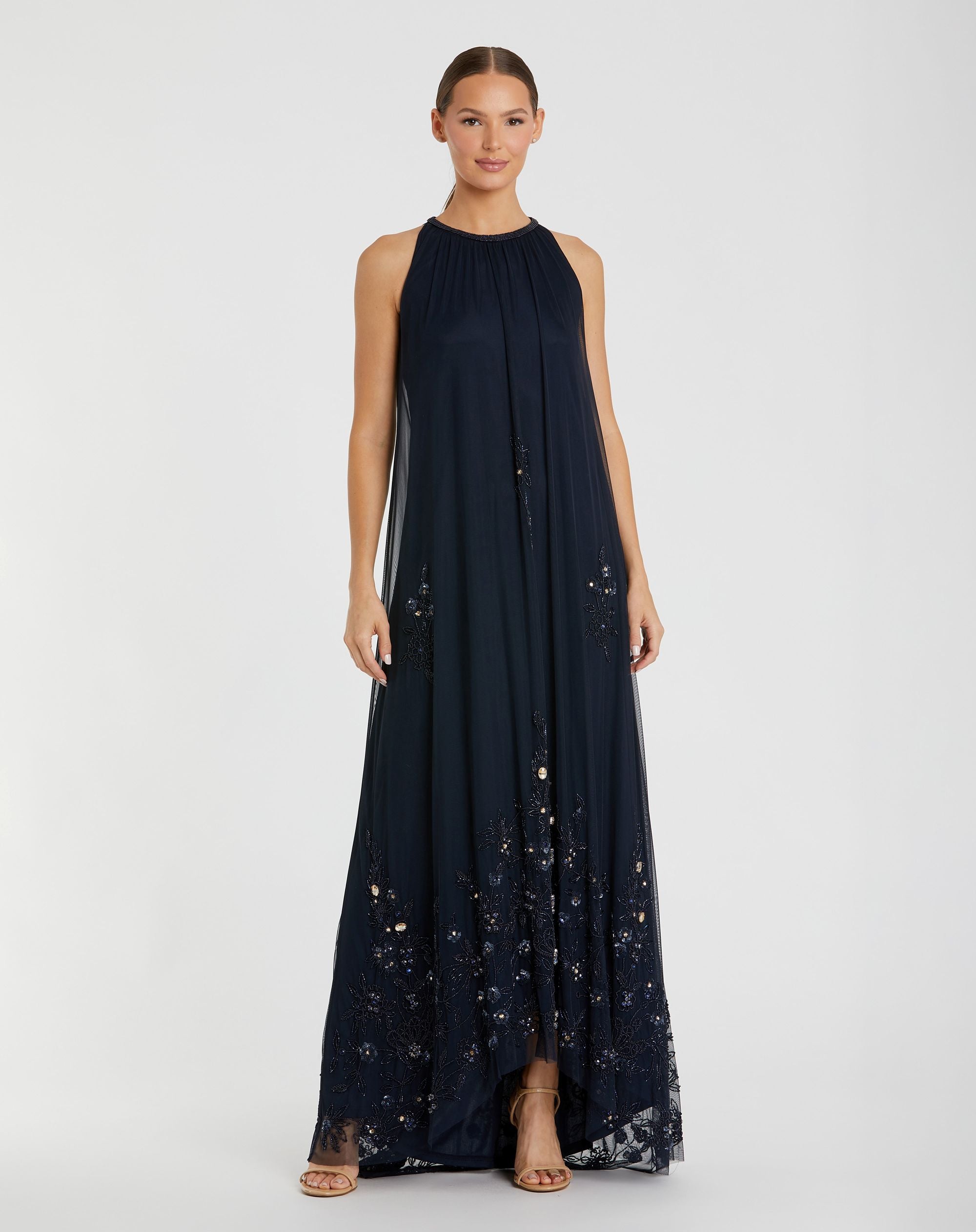 Navy High Neck Floral Embellished Trapeze Gown - Mac Duggal