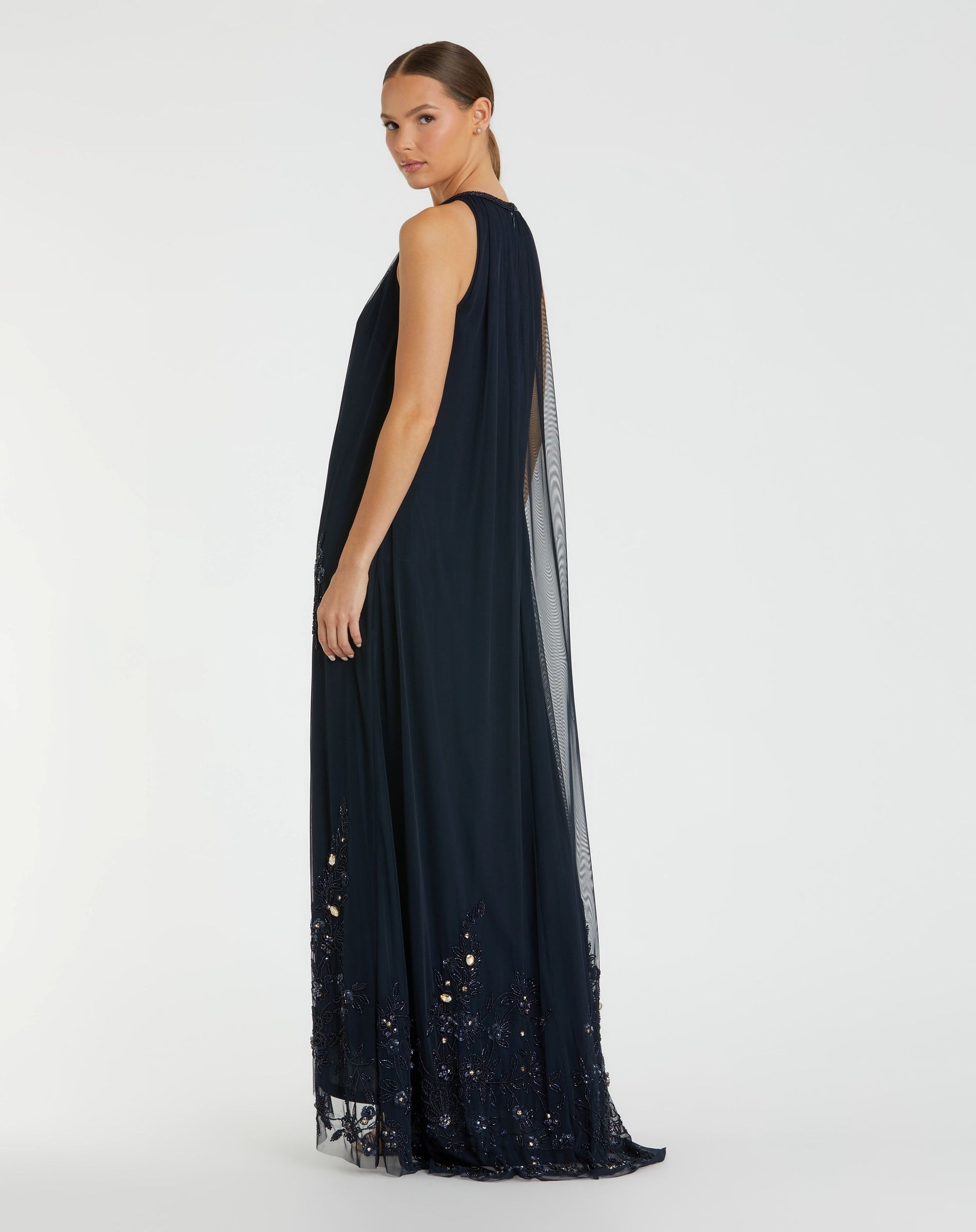Navy High Neck Floral Embellished Trapeze Gown - Mac Duggal
