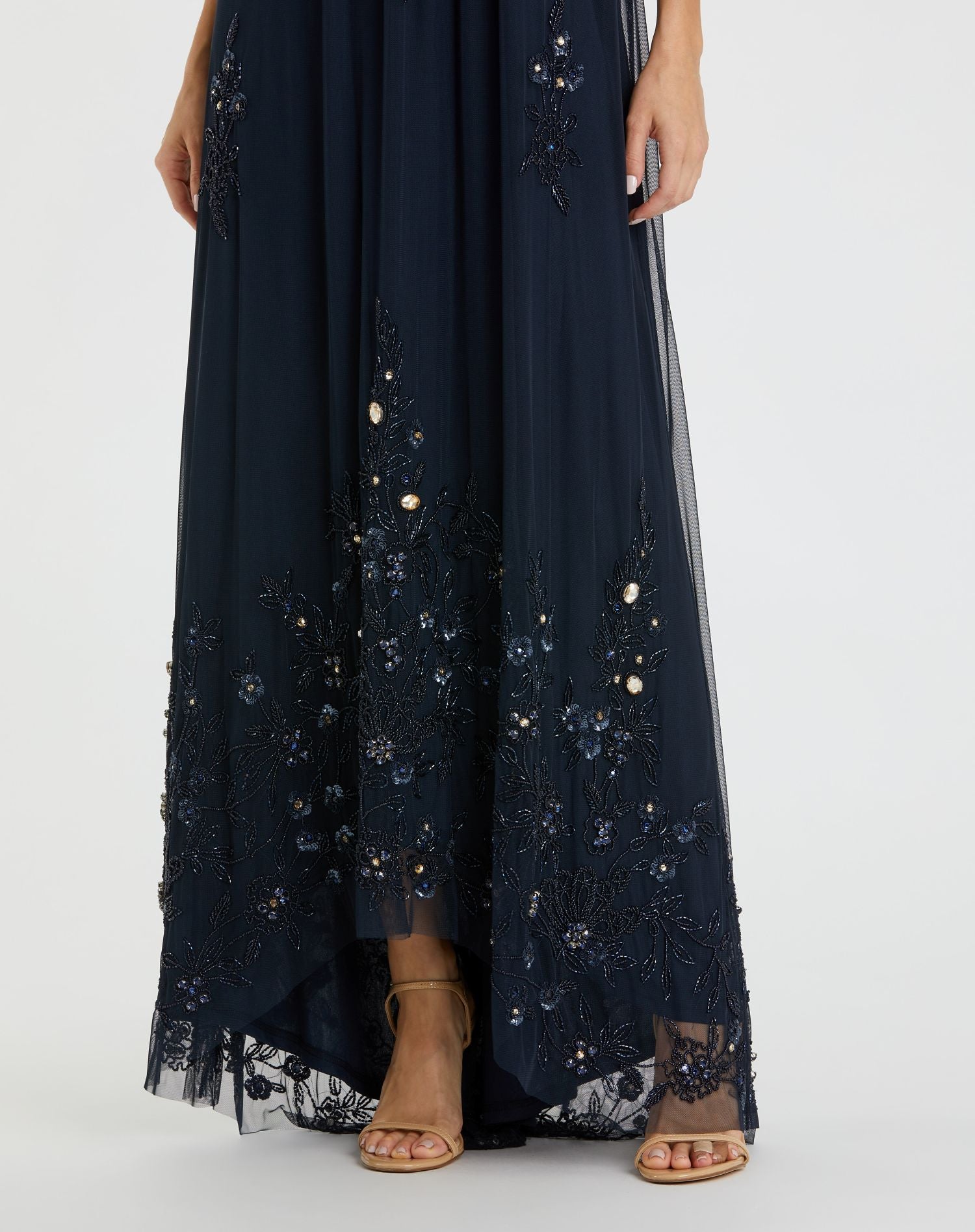 Navy High Neck Floral Embellished Trapeze Gown - Mac Duggal