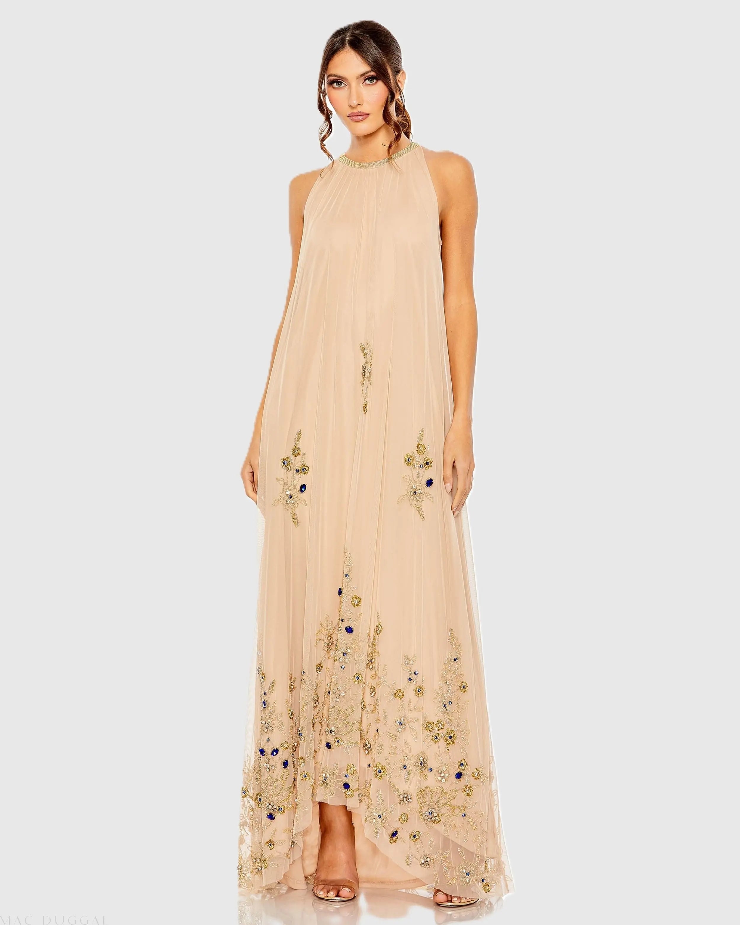 Beige High Neck Floral Embellished Trapeze Gown - Mac Duggal