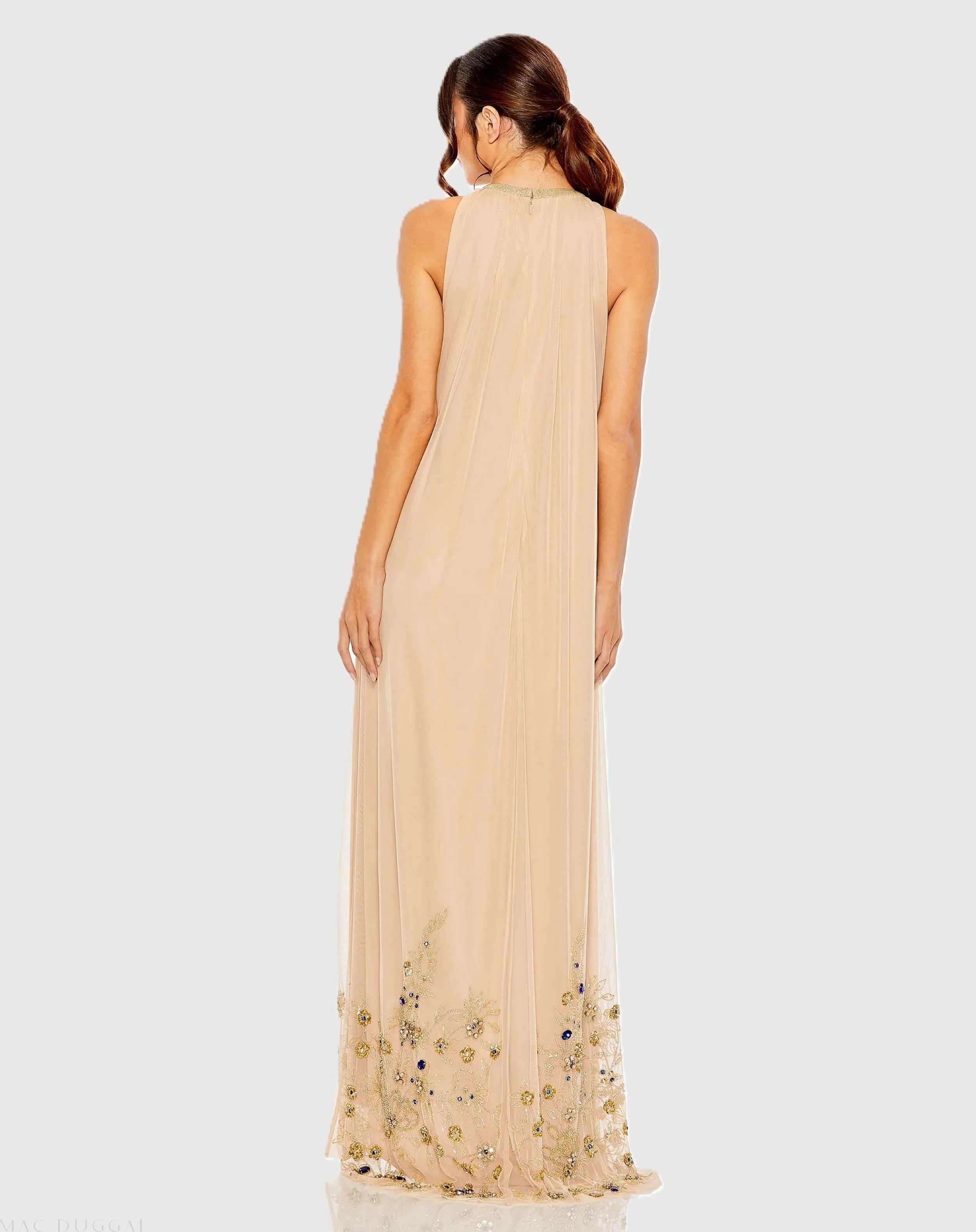 Beige High Neck Floral Embellished Trapeze Gown - Mac Duggal