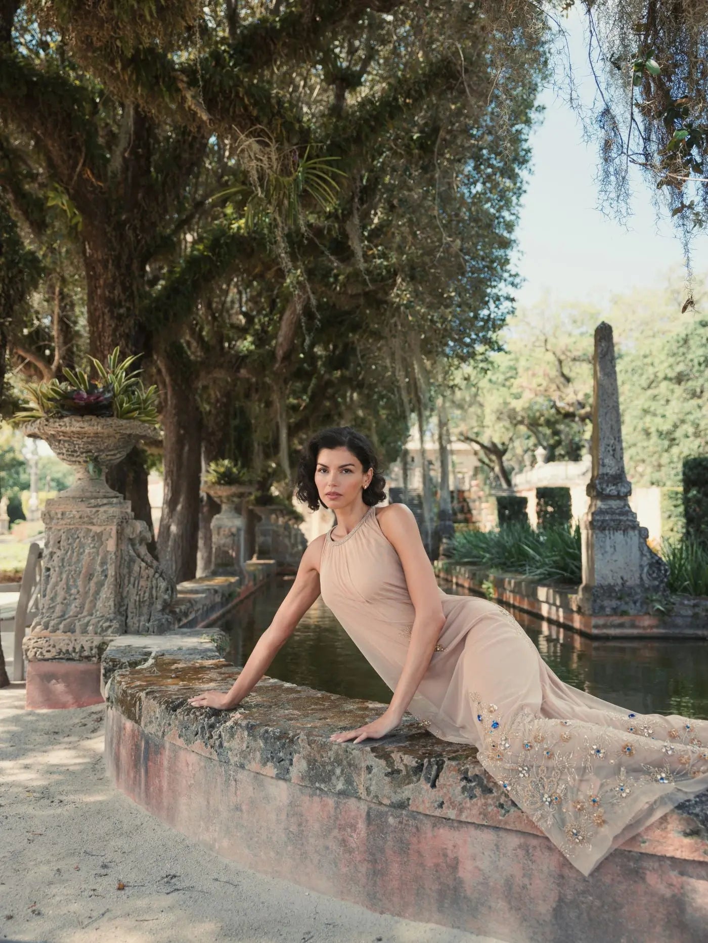 Beige High Neck Floral Embellished Trapeze Gown - Mac Duggal