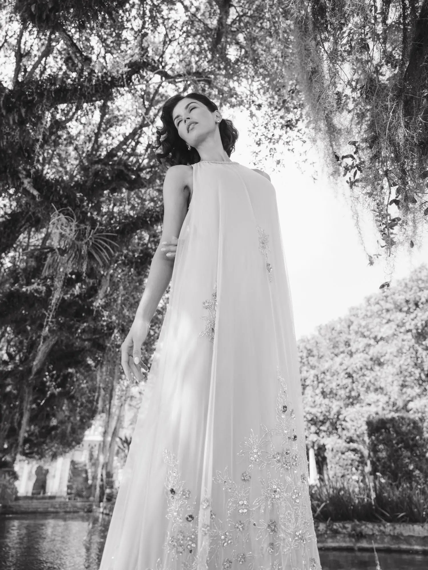 Beige High Neck Floral Embellished Trapeze Gown - Mac Duggal