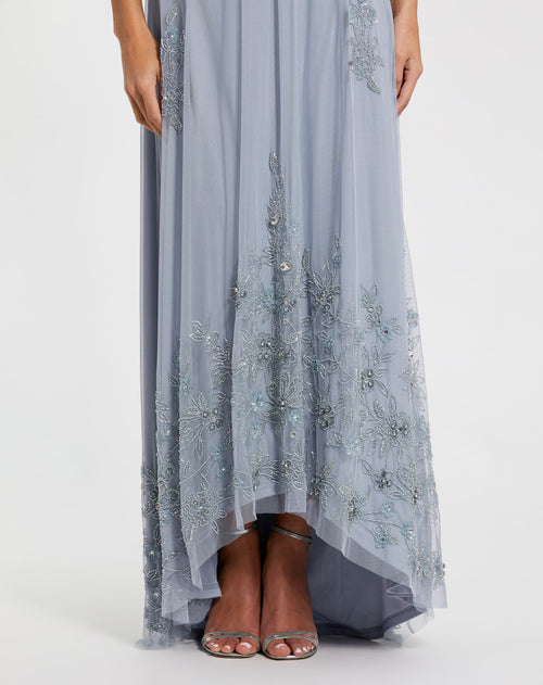 Blue High Neck Floral Embellished Trapeze Gown - Mac Duggal