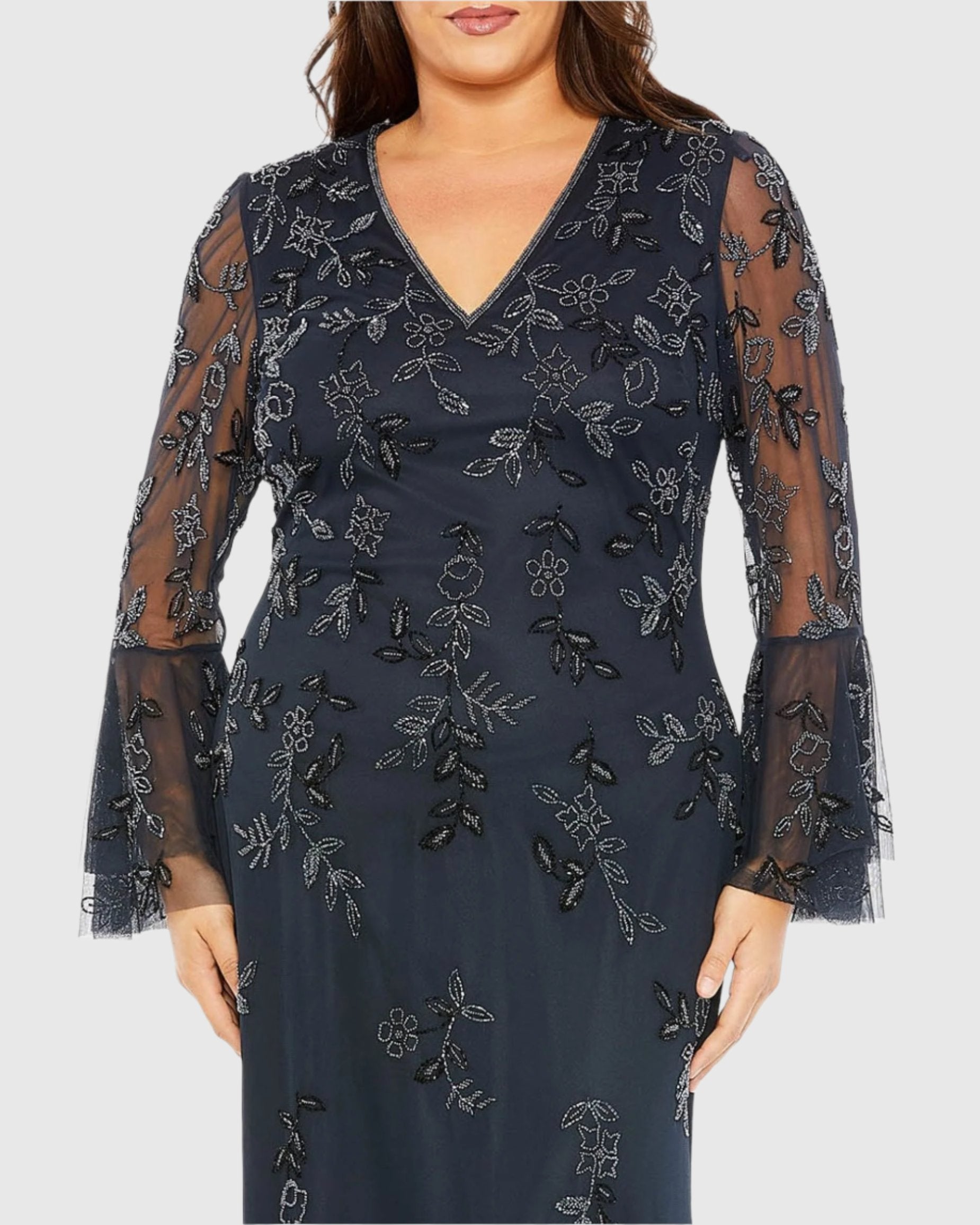 V-Neck Embellished Long Flutter Sleeve Gown V-Neck Embellished Long Flutter Sleeve Gown