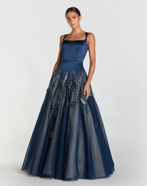 Navy Embellished Satin Ball Gown With Tulle Skirt
