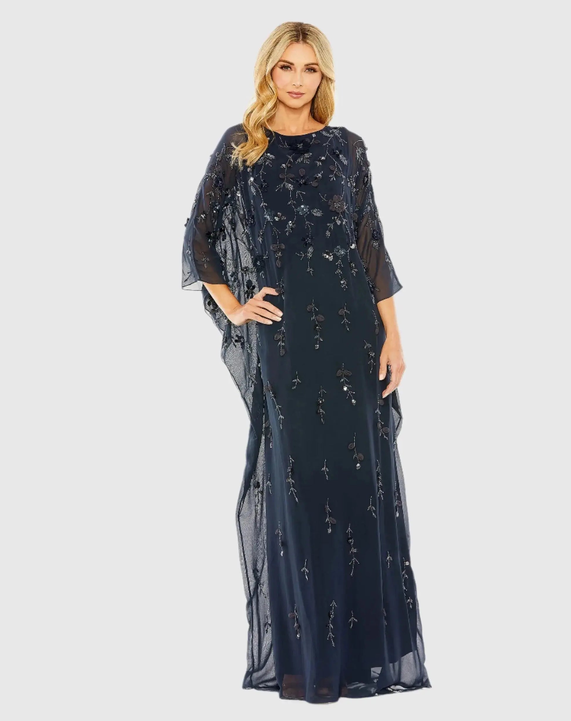 Navy Floral Embellished Kaftan Gown | Mac Duggal Navy Floral Embellished Kaftan Gown | Mac Duggal