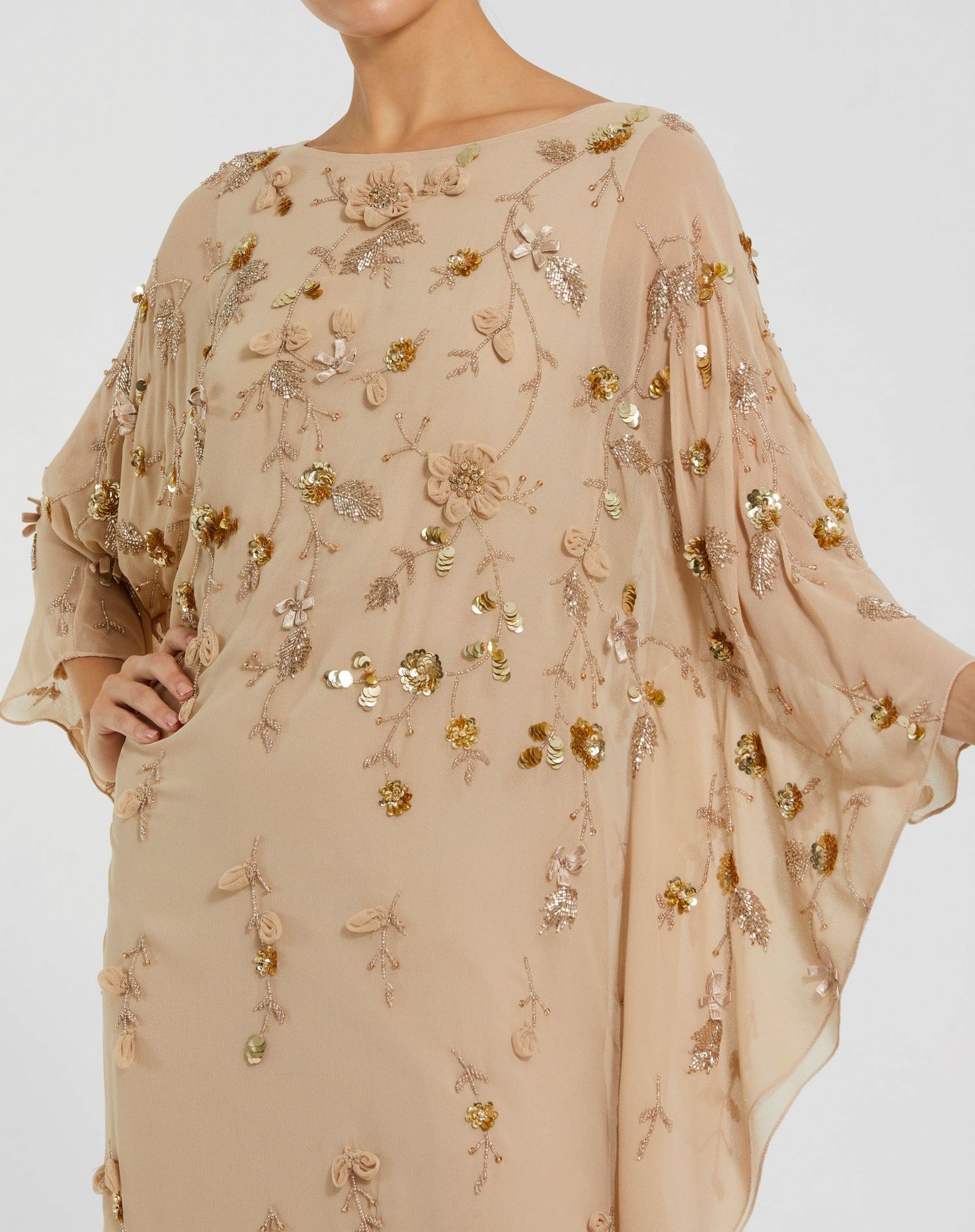 Beige Floral Embellished Trapeze Dress