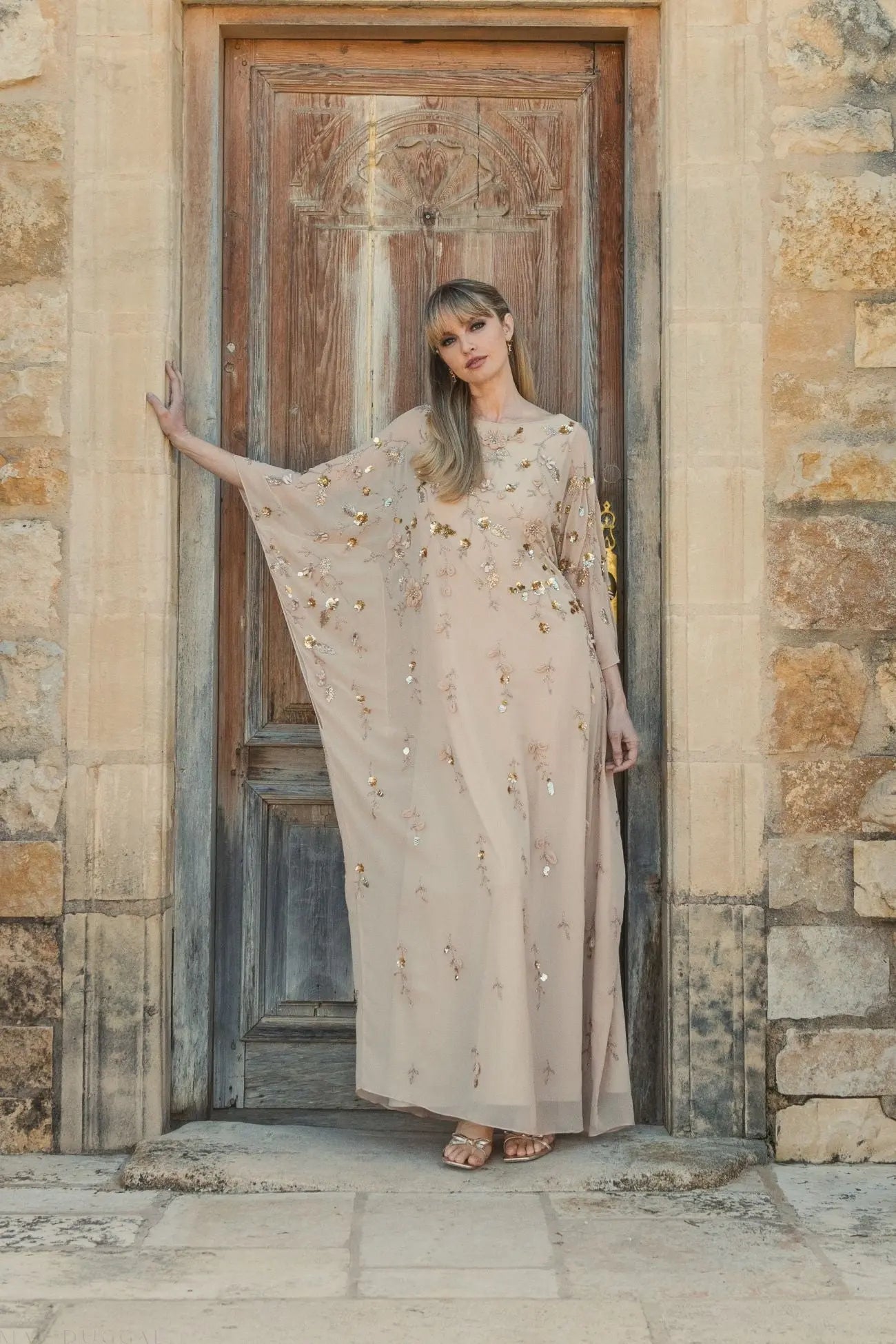 Beige Floral Embellished Kaftan Gown | Mac Duggal Beige Floral Embellished Kaftan Gown | Mac Duggal