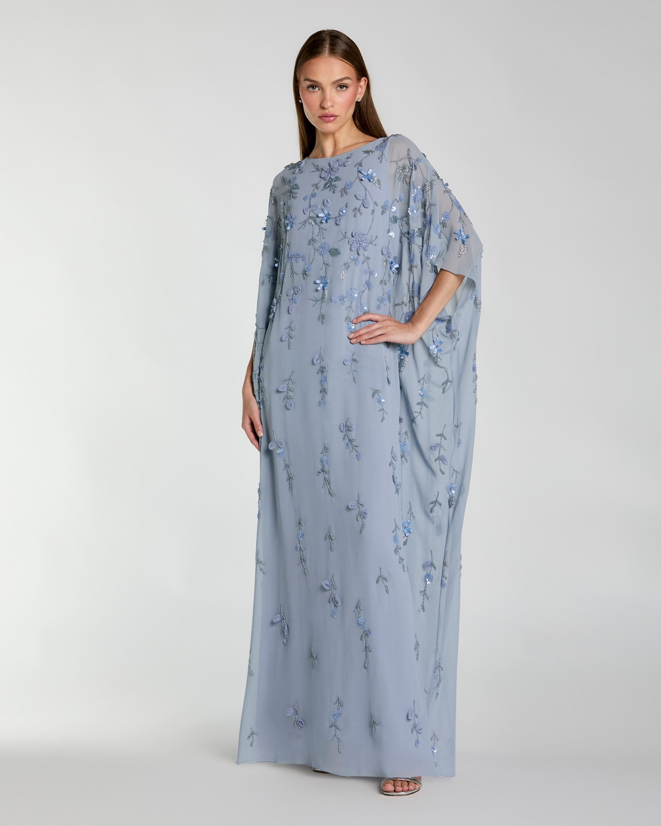 Blue Embellished Kaftan Gown With 3D Flowers Mac Duggal