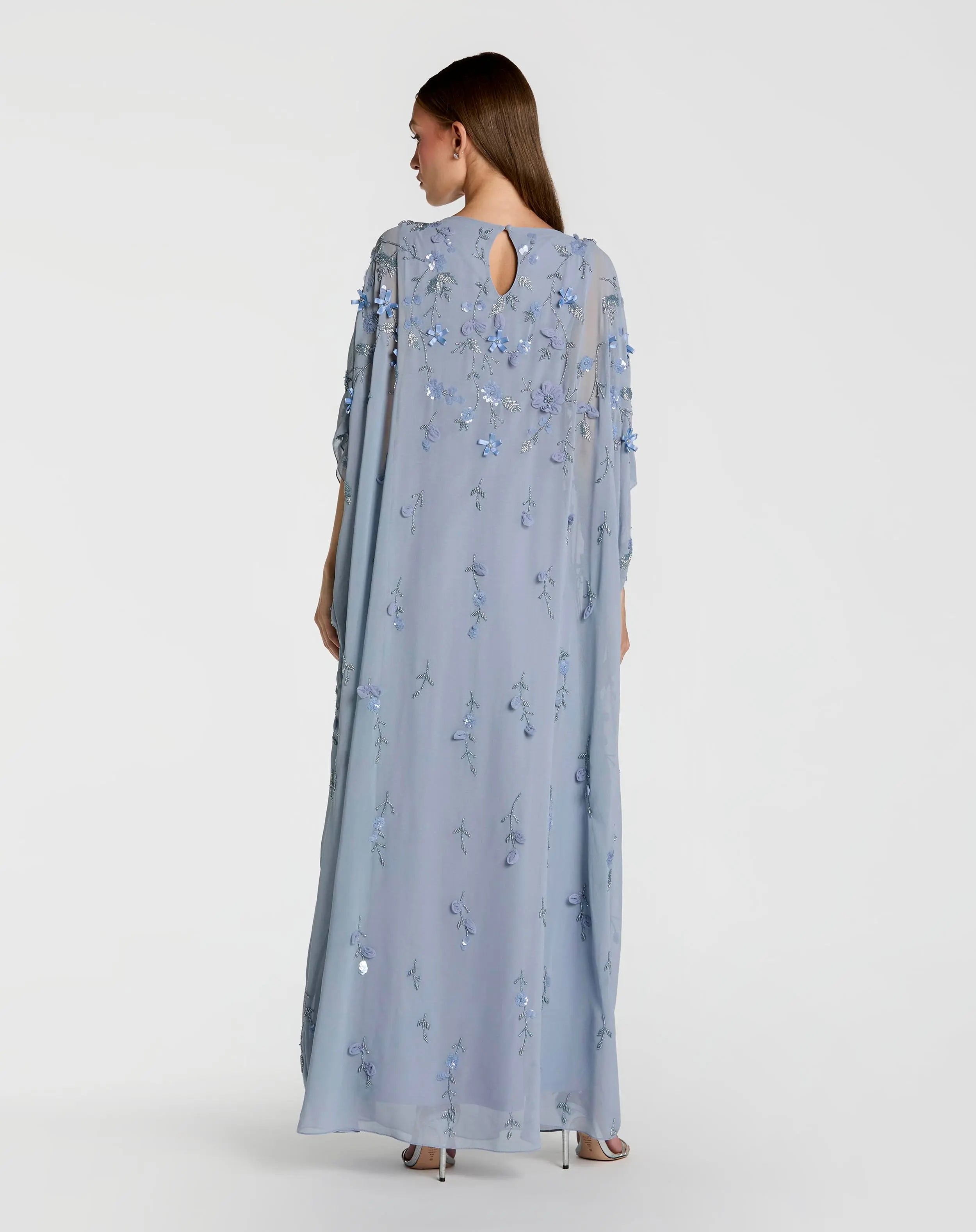 Blue Embellished Kaftan Gown With 3D Flowers Mac Duggal