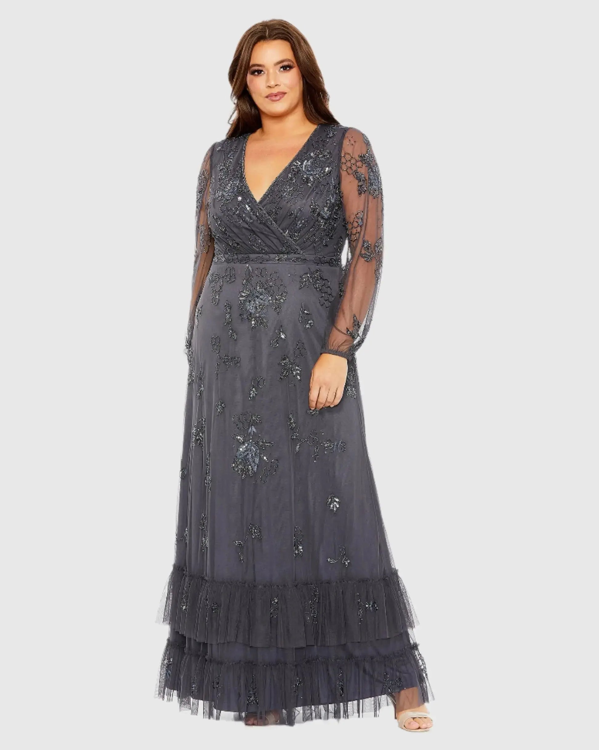 Gray Puff Sleeve V-Neck Tiered Embellished Gown (Plus)