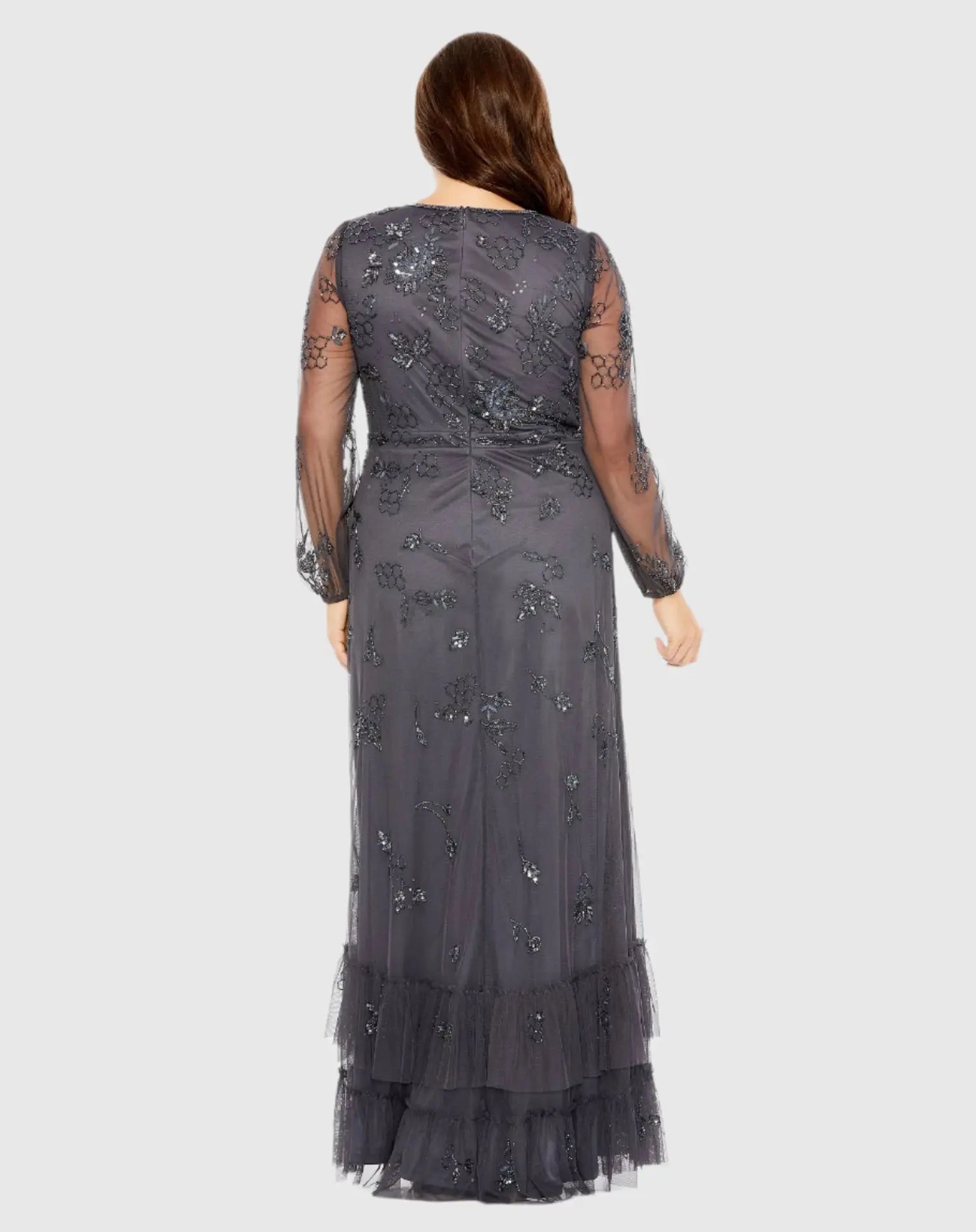Gray Puff Sleeve V-Neck Tiered Embellished Gown - Plus - Mac Duggal
