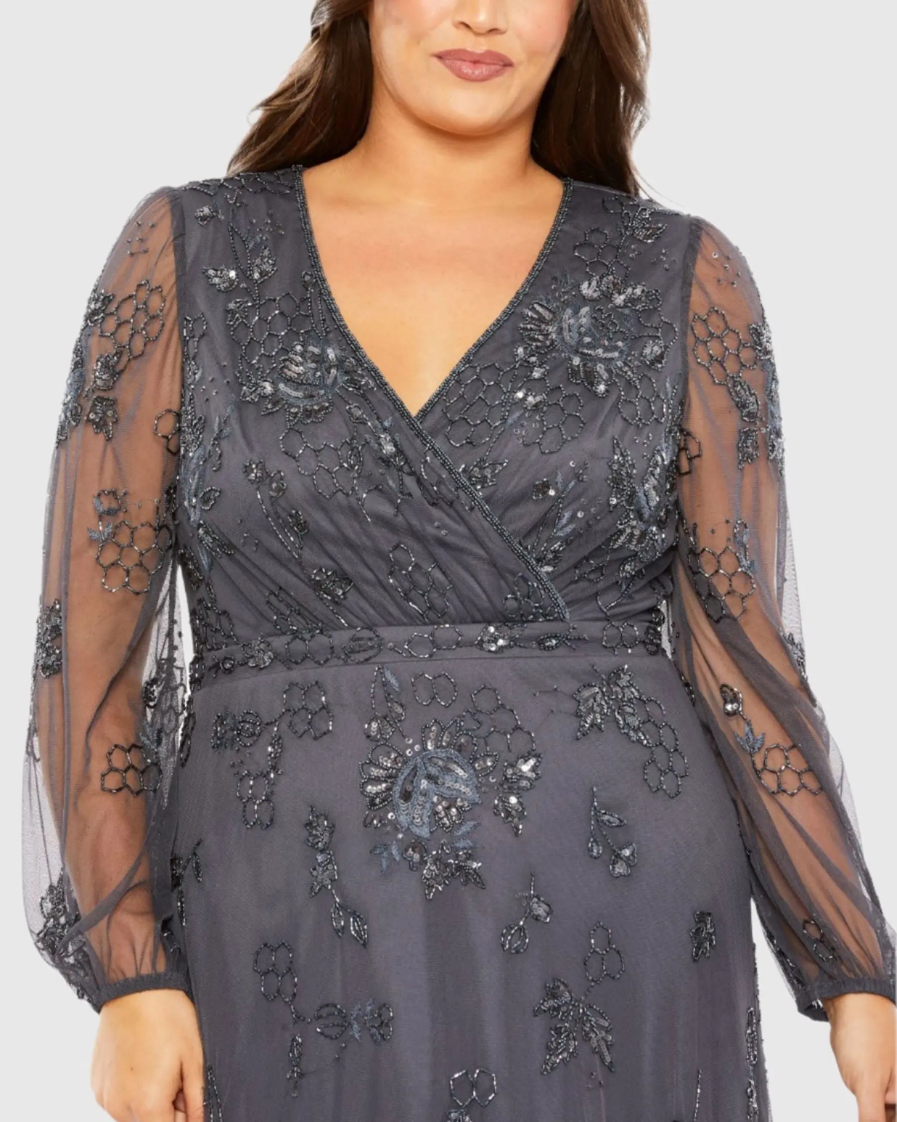 plus size grey dress Mac Duggal Women's Puff Sleeve V-Neck Tiered Embellished Gown