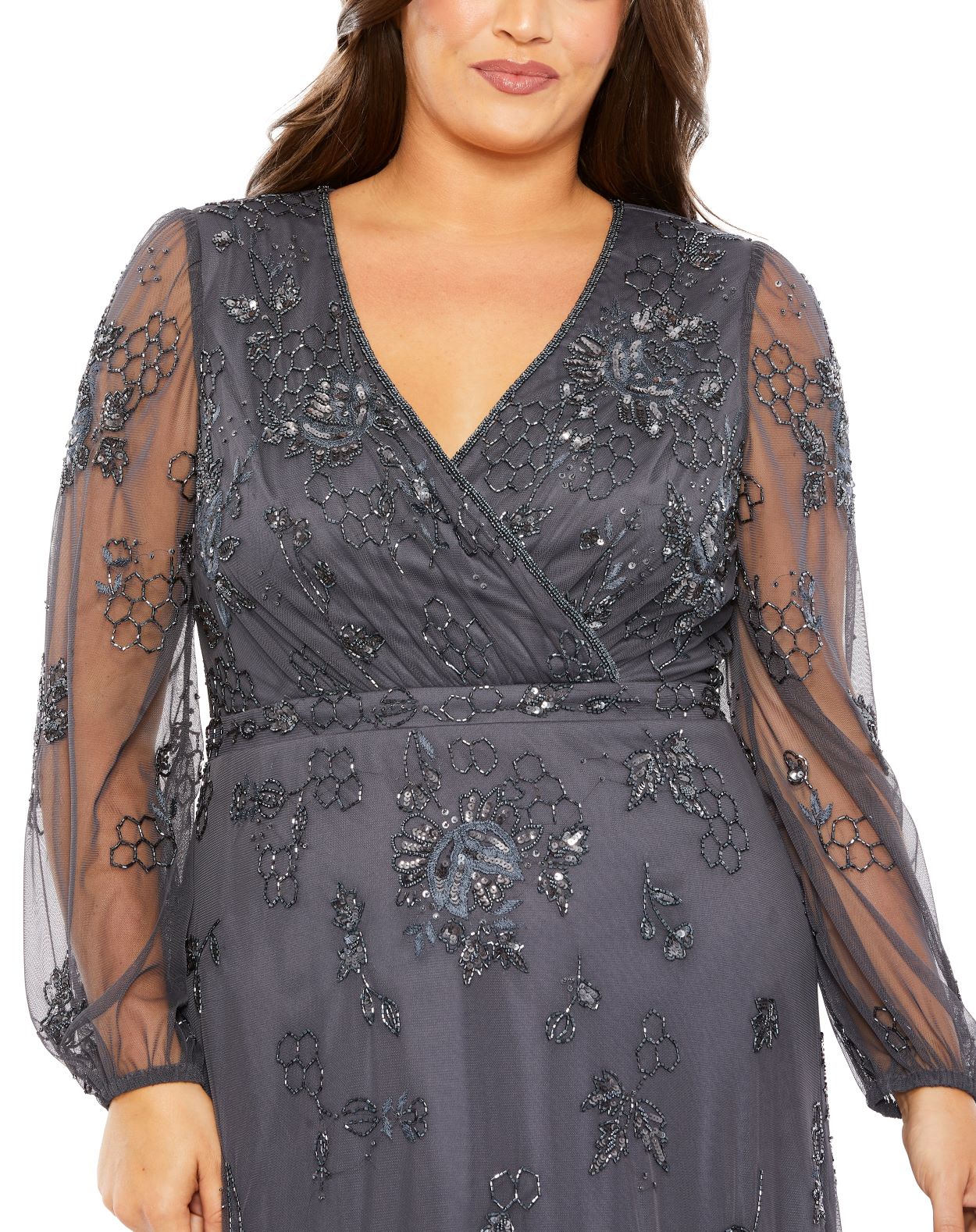 Puff Sleeve V-Neck TIered Embellished Gown - Plus