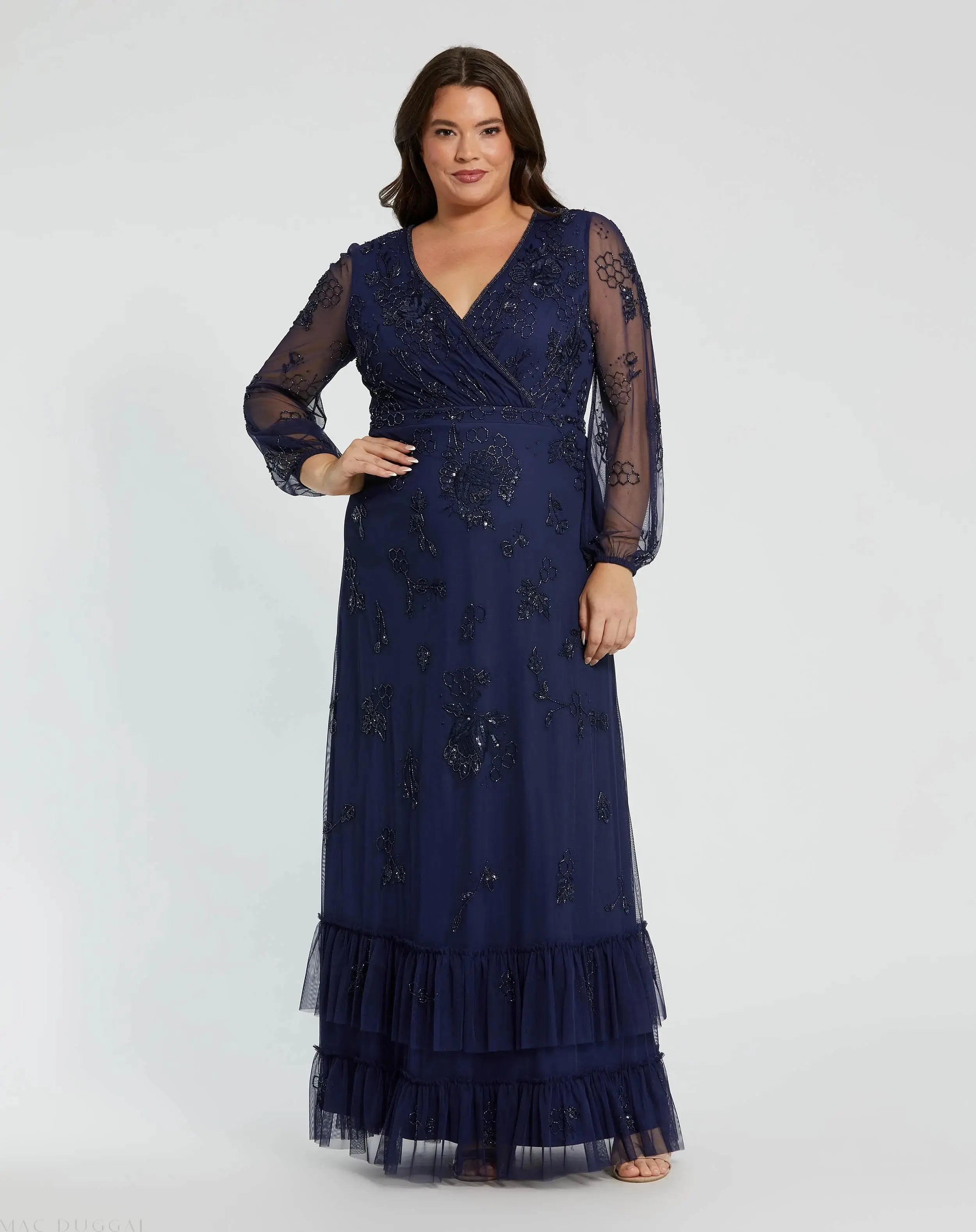 Navy Puff Sleeve V-Neck Tiered Embellished Gown (Plus) - Mac Duggal