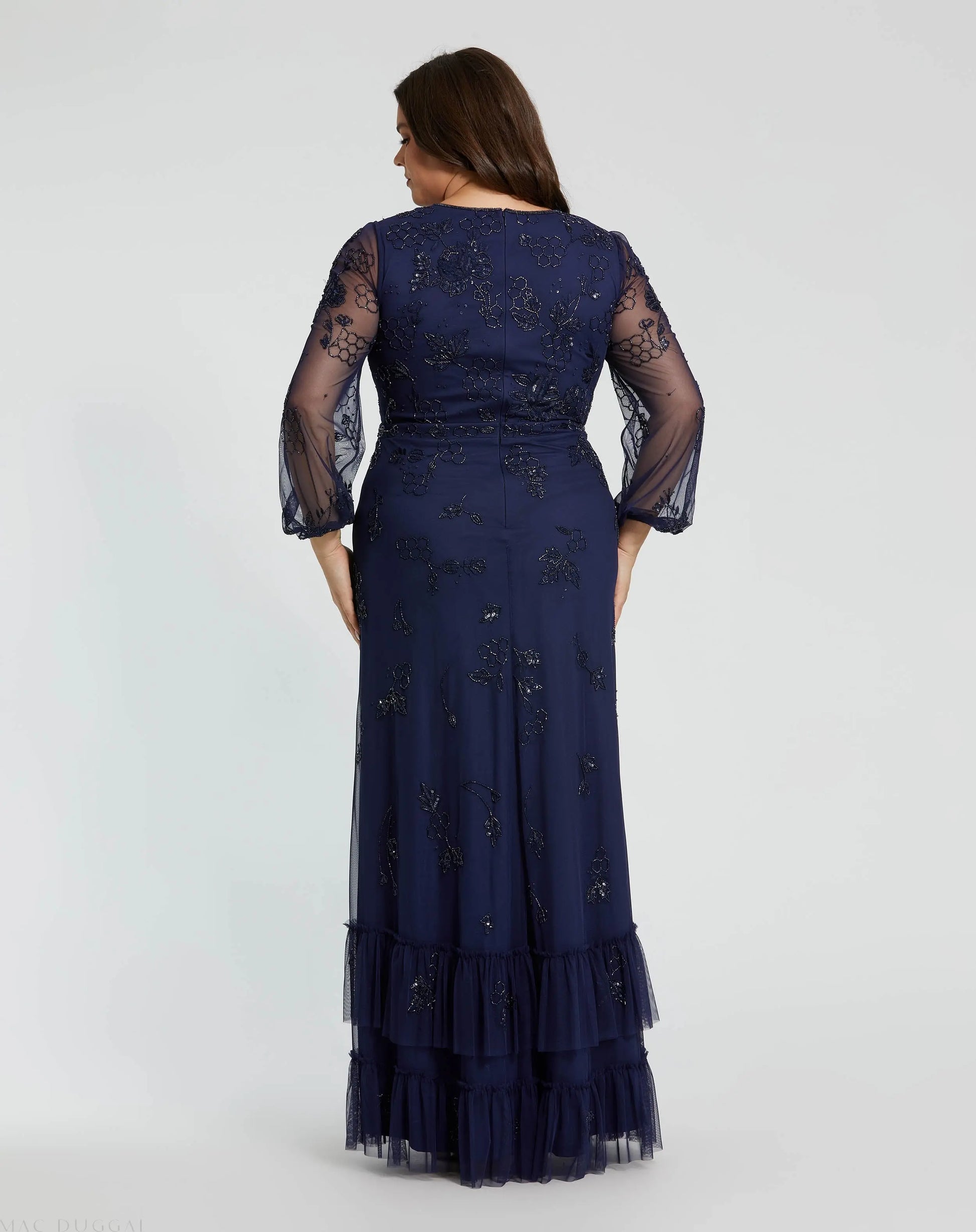Navy Puff Sleeve V-Neck Tiered Embellished Gown (Plus) - Mac Duggal