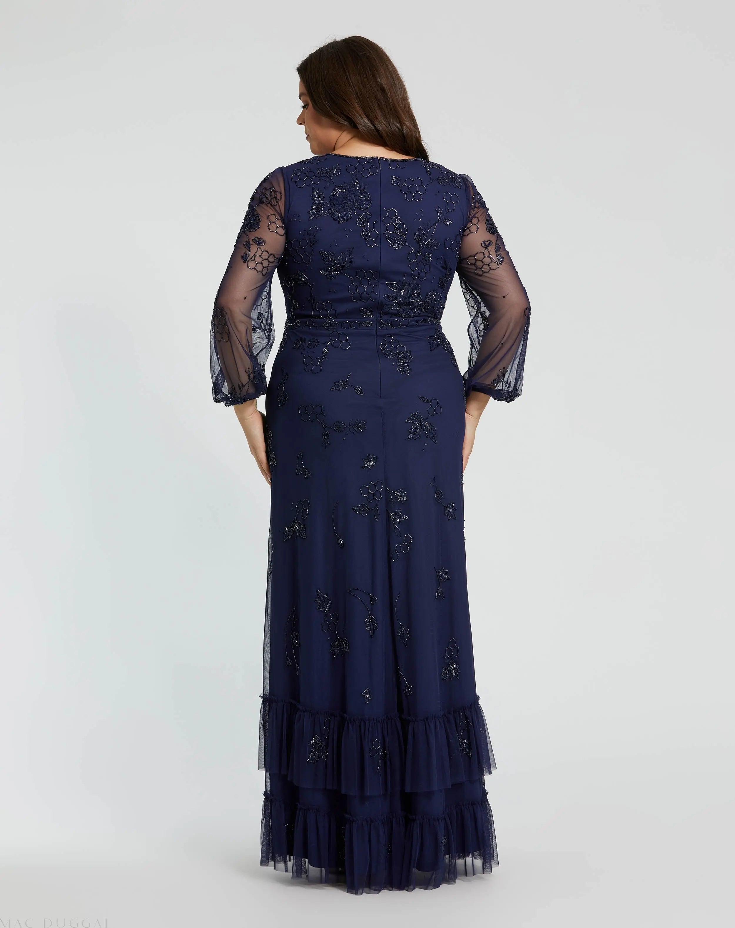 Navy Puff Sleeve V-Neck Tiered Embellished Gown (Plus) - Mac Duggal