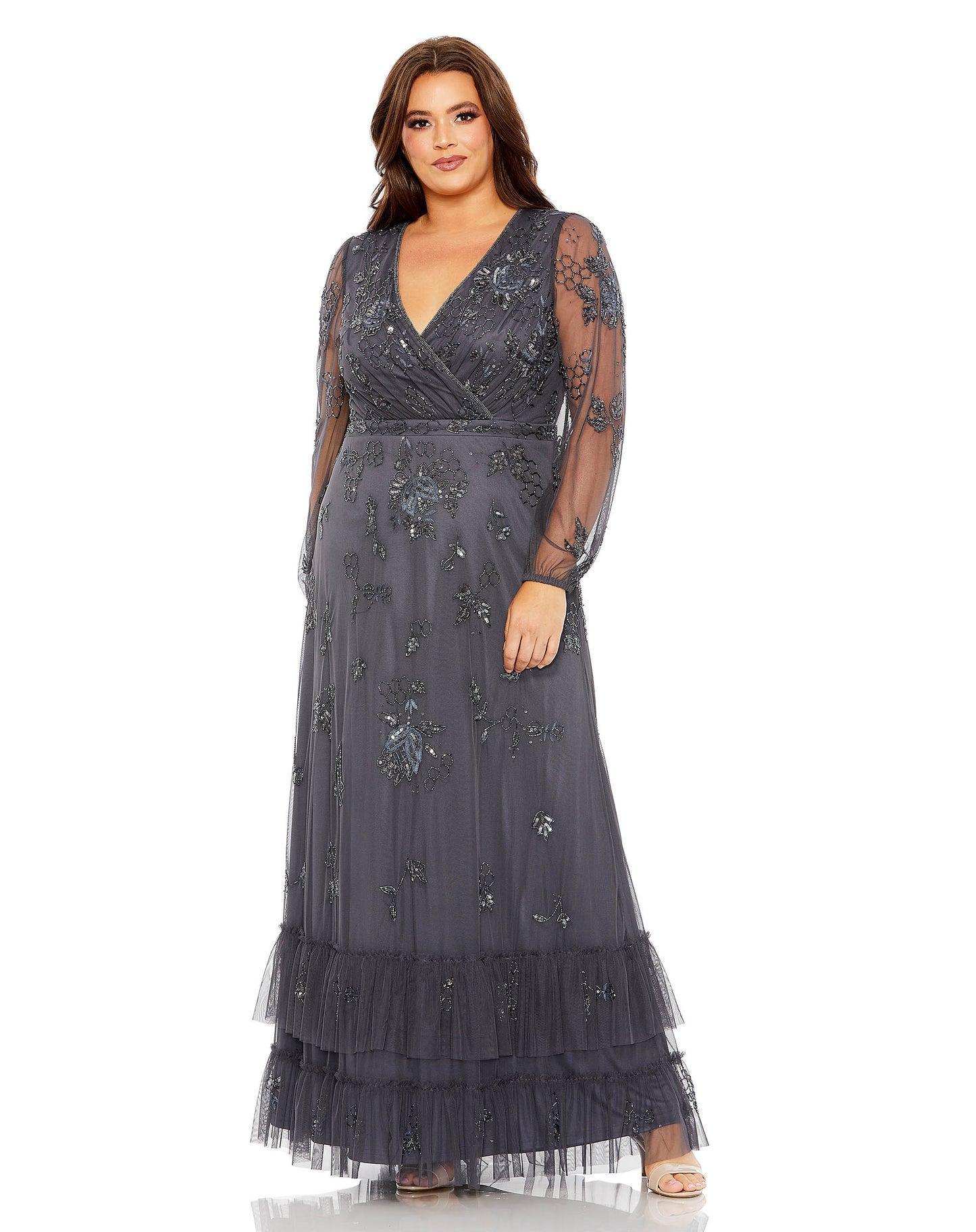 Puff Sleeve V-Neck TIered Embellished Gown - Plus