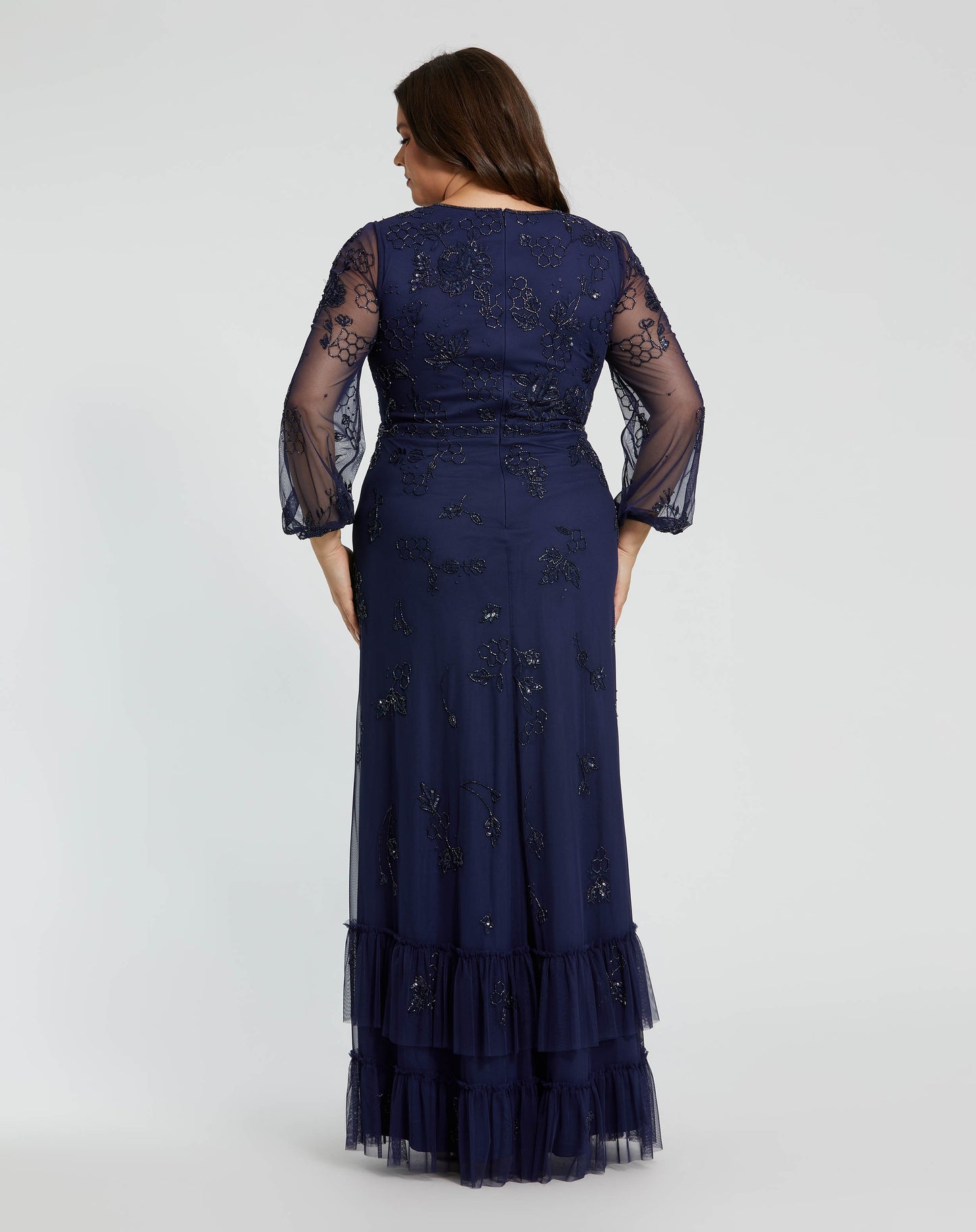 Puff Sleeve V-Neck TIered Embellished Gown - Plus