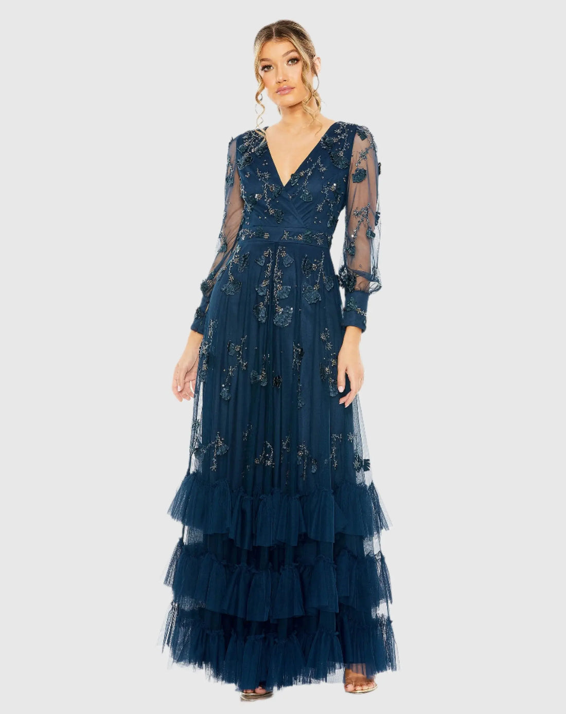Mesh Long Sleeve V-Neck Tiered A Line Gown - Mac Duggal Mesh Long Sleeve V-Neck Tiered A Line Gown - Mac Duggal