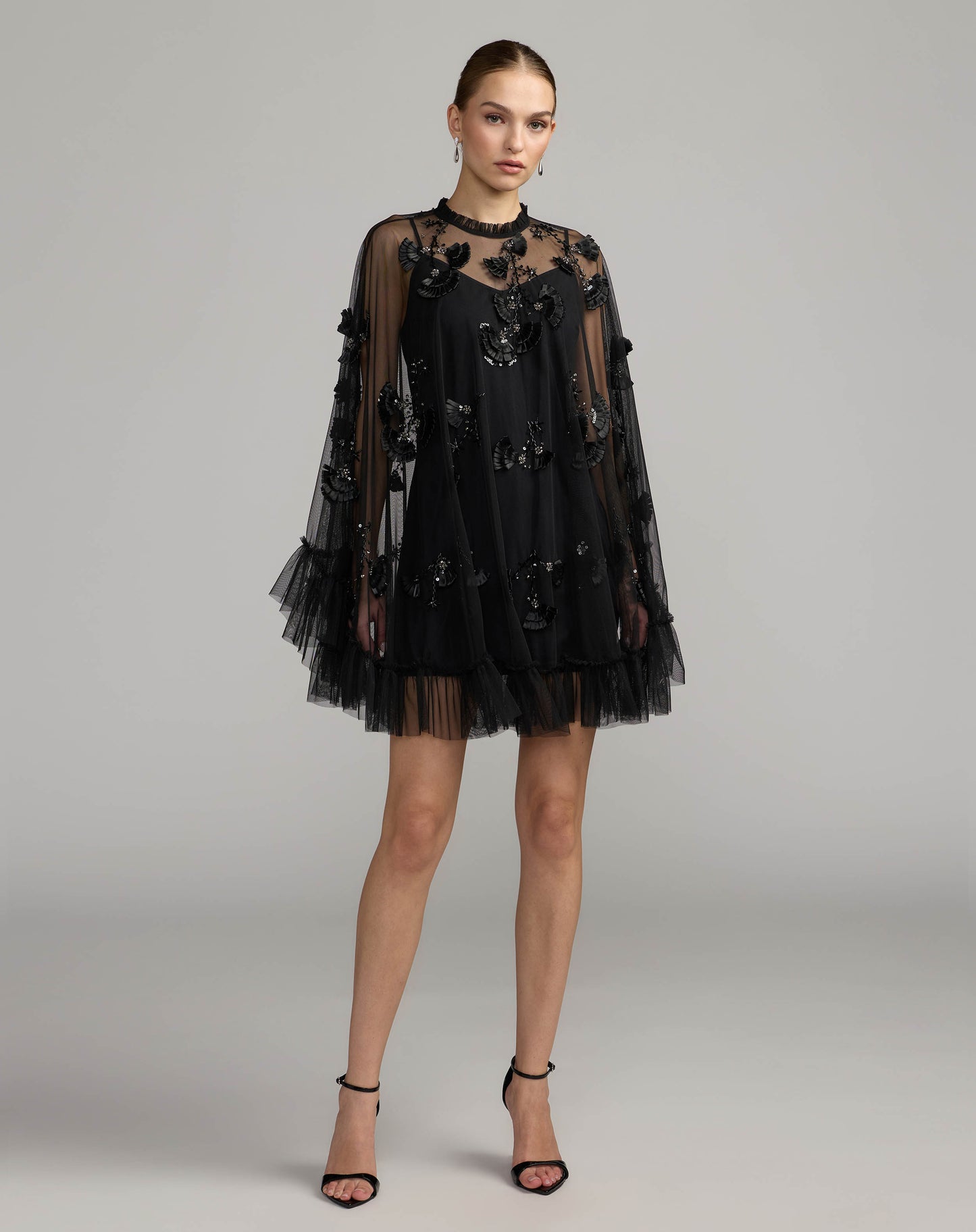 Black Embellished Long Sleeve Trapeze Dress with Ruffle Hem - Mac Duggal