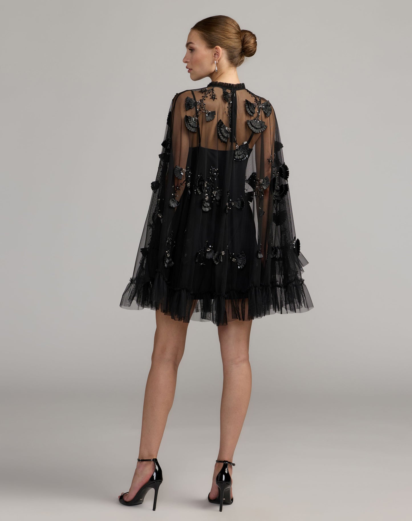 Black Embellished Long Sleeve Trapeze Dress with Ruffle Hem - Mac Duggal