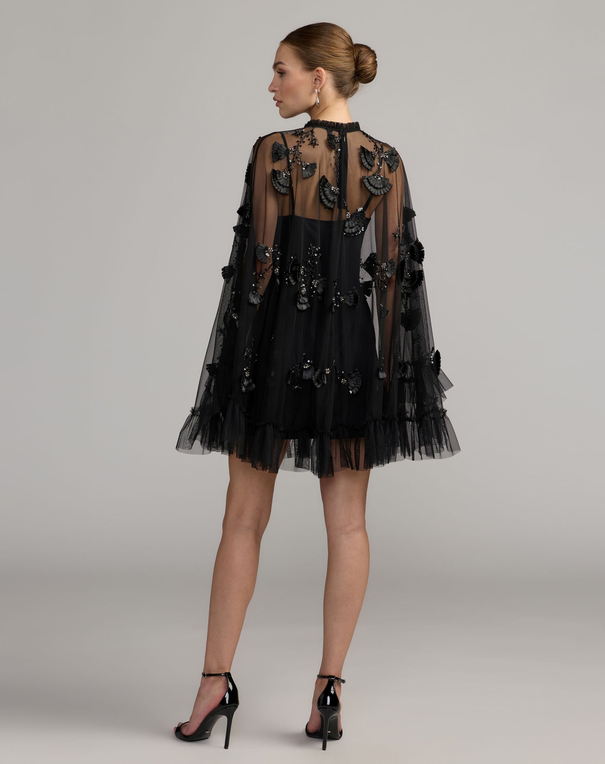 Black Embellished Long Sleeve Trapeze Dress with Ruffle Hem - Mac Duggal