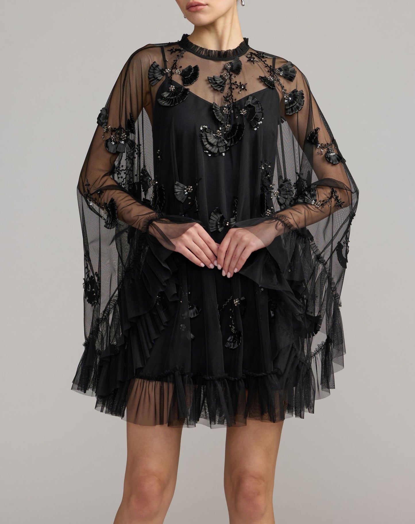 Black Embellished Long Sleeve Trapeze Dress with Ruffle Hem - Mac Duggal