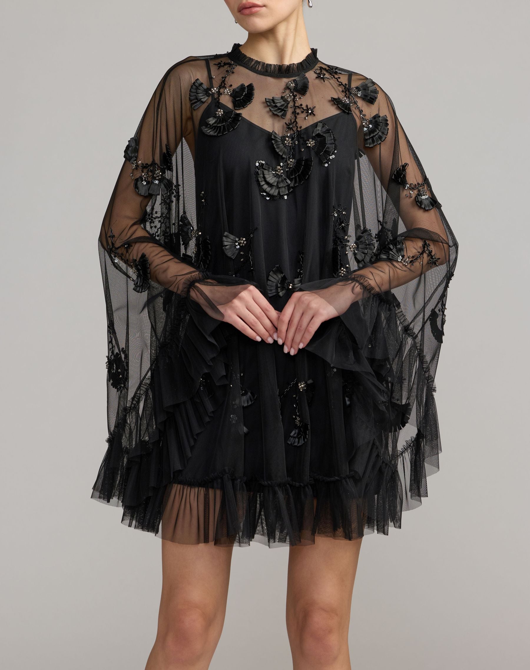 Black Embellished Long Sleeve Trapeze Dress with Ruffle Hem - Mac Duggal