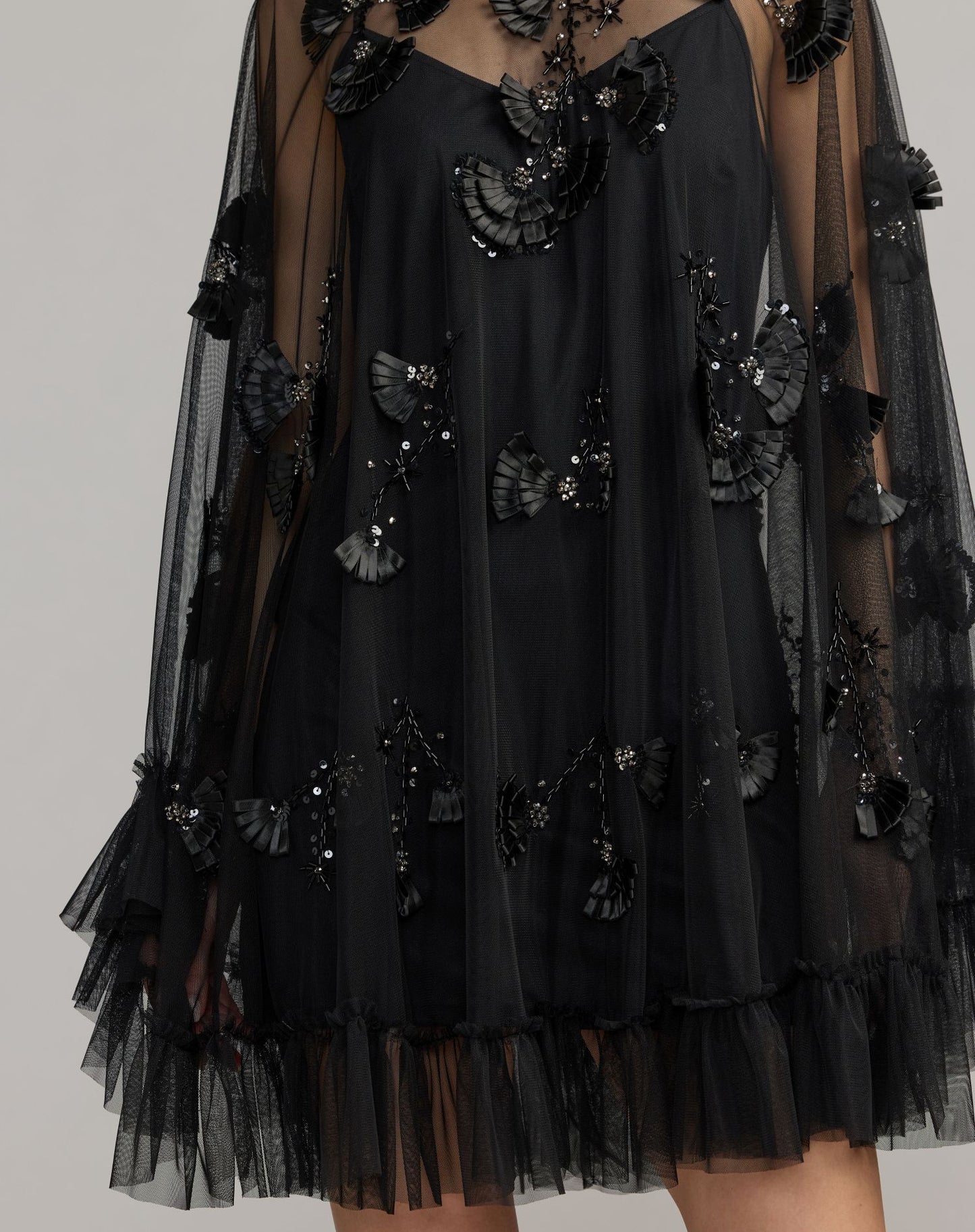 Black Embellished Long Sleeve Trapeze Dress with Ruffle Hem - Mac Duggal