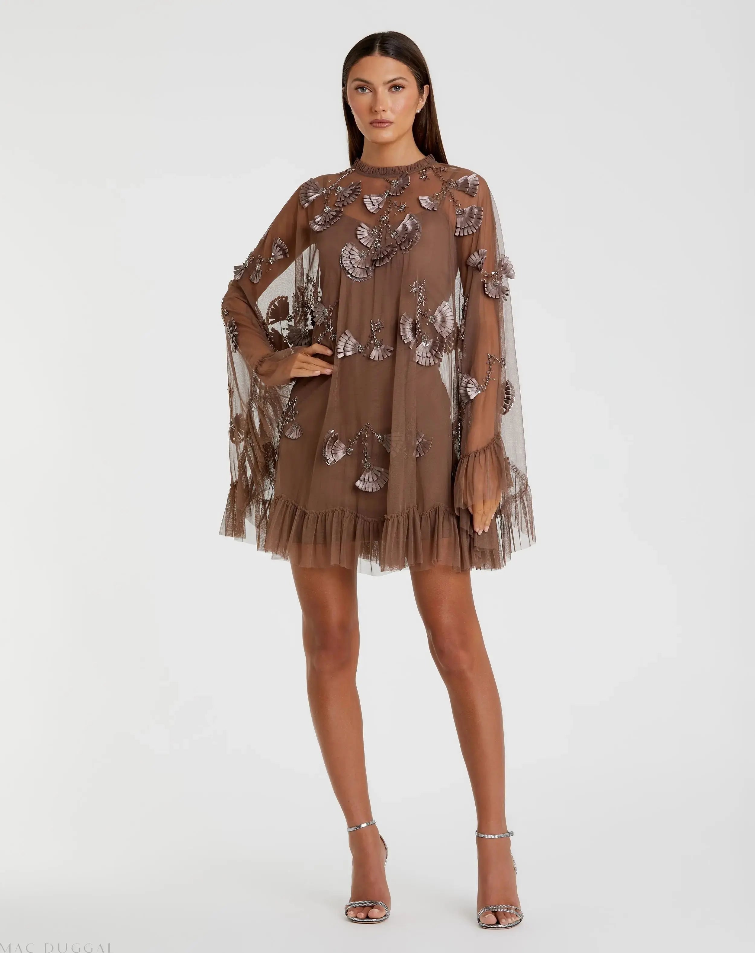 Brown Embellished Long Flare Sleeve Mesh A-Line Dress - Mac Duggal