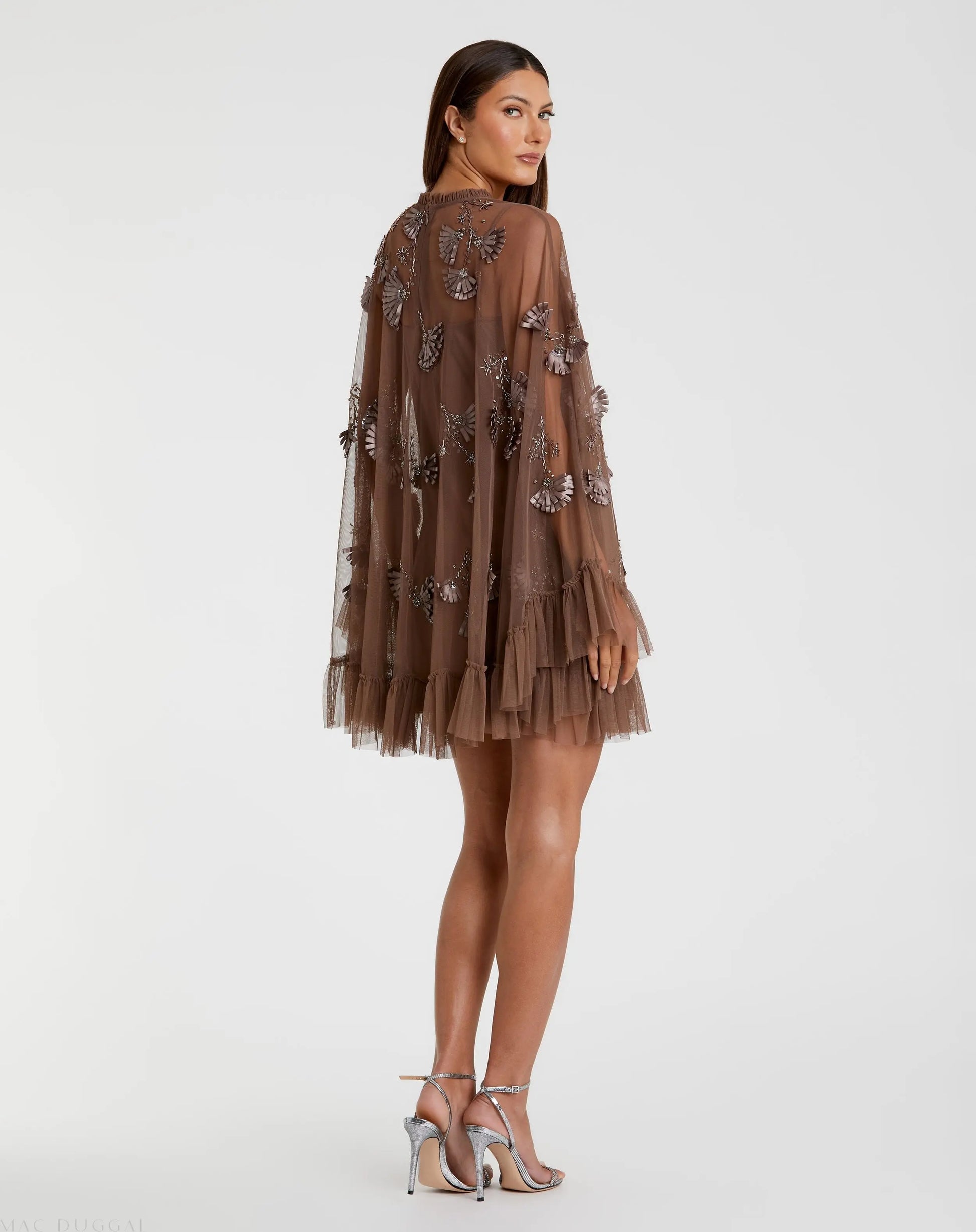 Brown Embellished Long Sleeve Trapeze Dress with Ruffle Hem | Mac Duggal Brown Embellished Long Sleeve Trapeze Dress with Ruffle Hem | Mac Duggal